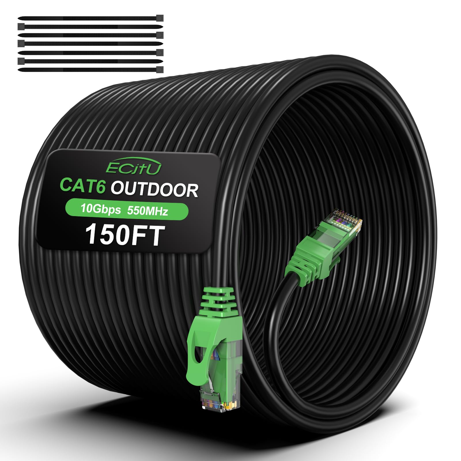 150FT Cat6 Outdoor Ethernet Cable, In-Ground, Heavy Duty Direct Burial, 24AWG CCA Patch Cord for Laptops, PCs, Routers, Printers, Surveillance Camera,