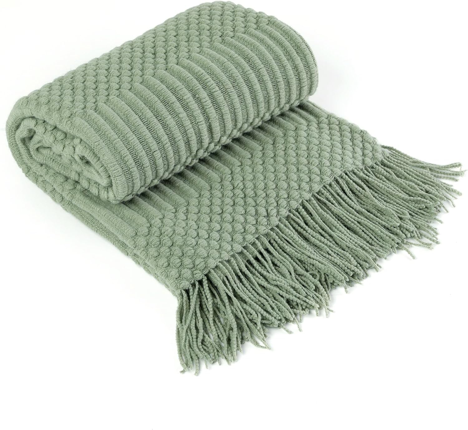 Blagic Coperta lavorata a maglia per divano, letto e divano. Coperta super morbida con nappe, verde salvia, 127 x 152 cm, leggera e accogliente decorazione per la casa