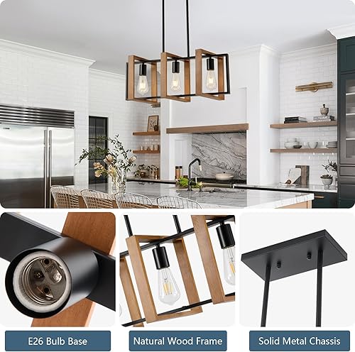 Miniatura 4 de Iluminación de isla de cocina de 23.6 pulgadas, lámpara de araña de mesa de comedor de 3 luces, luz de isla rectangular para comedor y sala de