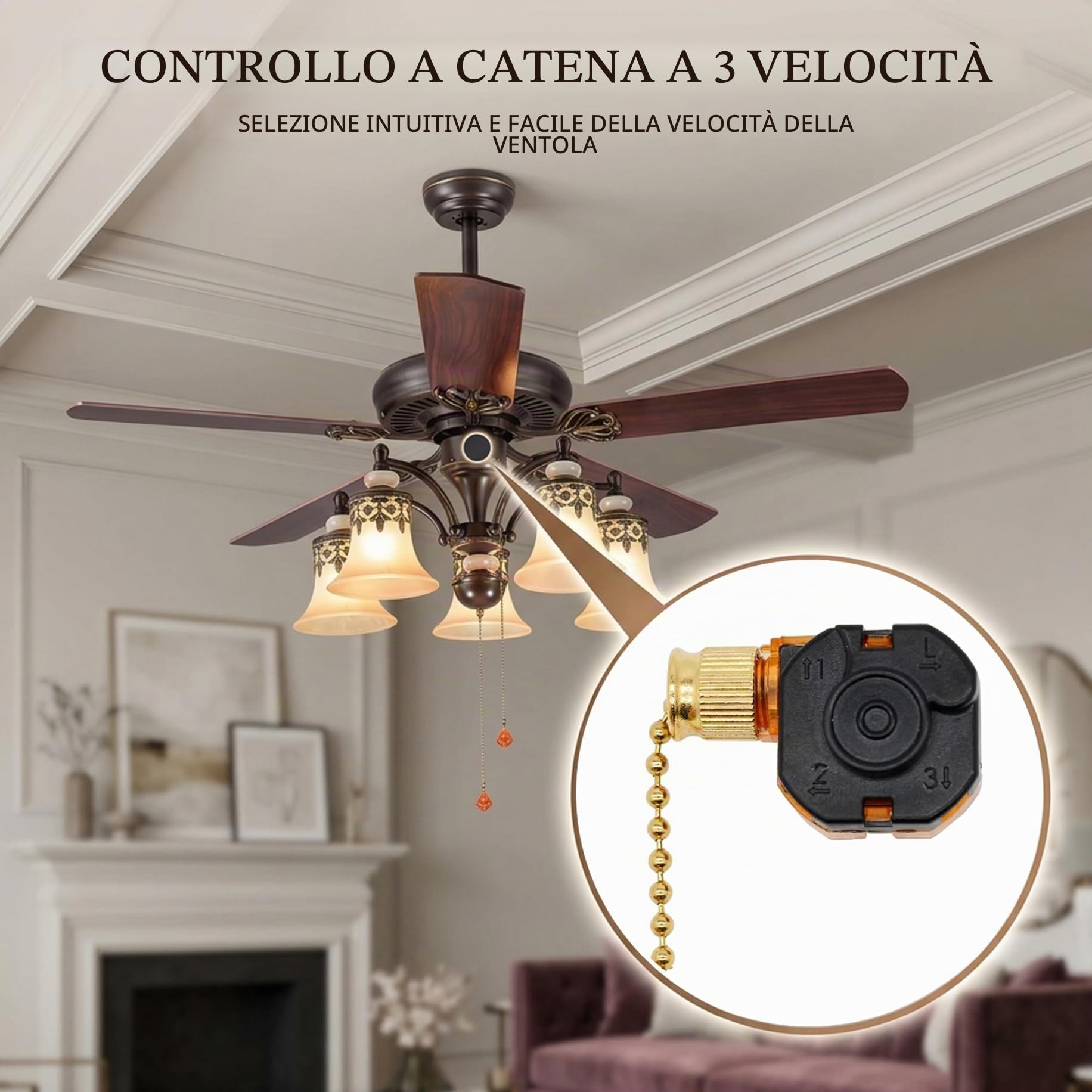 Catene per ventilatori a soffitto e luci interruttore a catenella 3 velocità per ventilatore soffitto catenella dorata da 8 cm per ventilatori e luci ricambio per soggiorno camera da letto