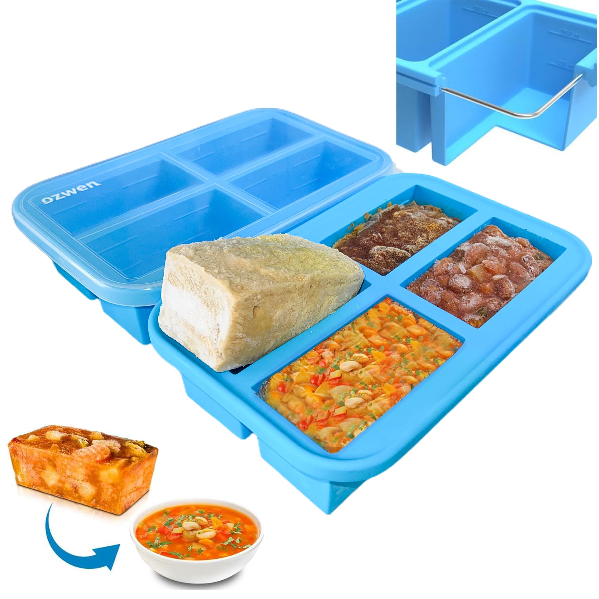 Ozwen 1-Cup Extra Large Silicone Soup Freezer Tray with Lid, Meal Prep with Souper Freezer Food Cubes Container, Baby Food Freezer and Storage Moulds for Sauce & Broth & Leftover (2-Pack, Blue) - Blue / 1-Cup / 2-Pack