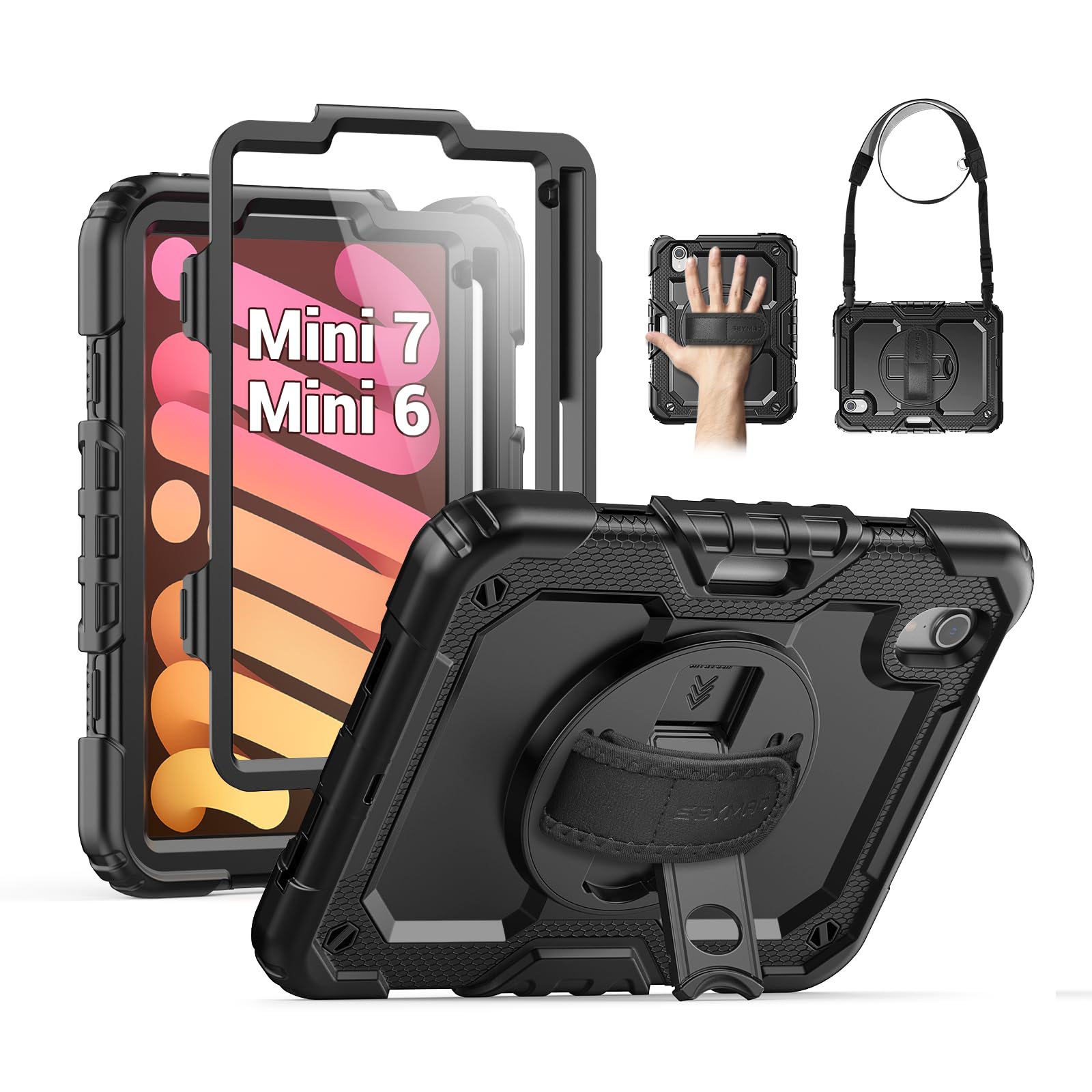SEYMAC Schutzhülle für iPad mini 7 (A17 Pro) 2024 / Mini 6 8,3 Zoll, stoßfest, mit Displayschutzfolie, 360° drehbarer Ständer, Hand-/Schultergurt für iPad mini 7. / 6. Generation, Schwarz