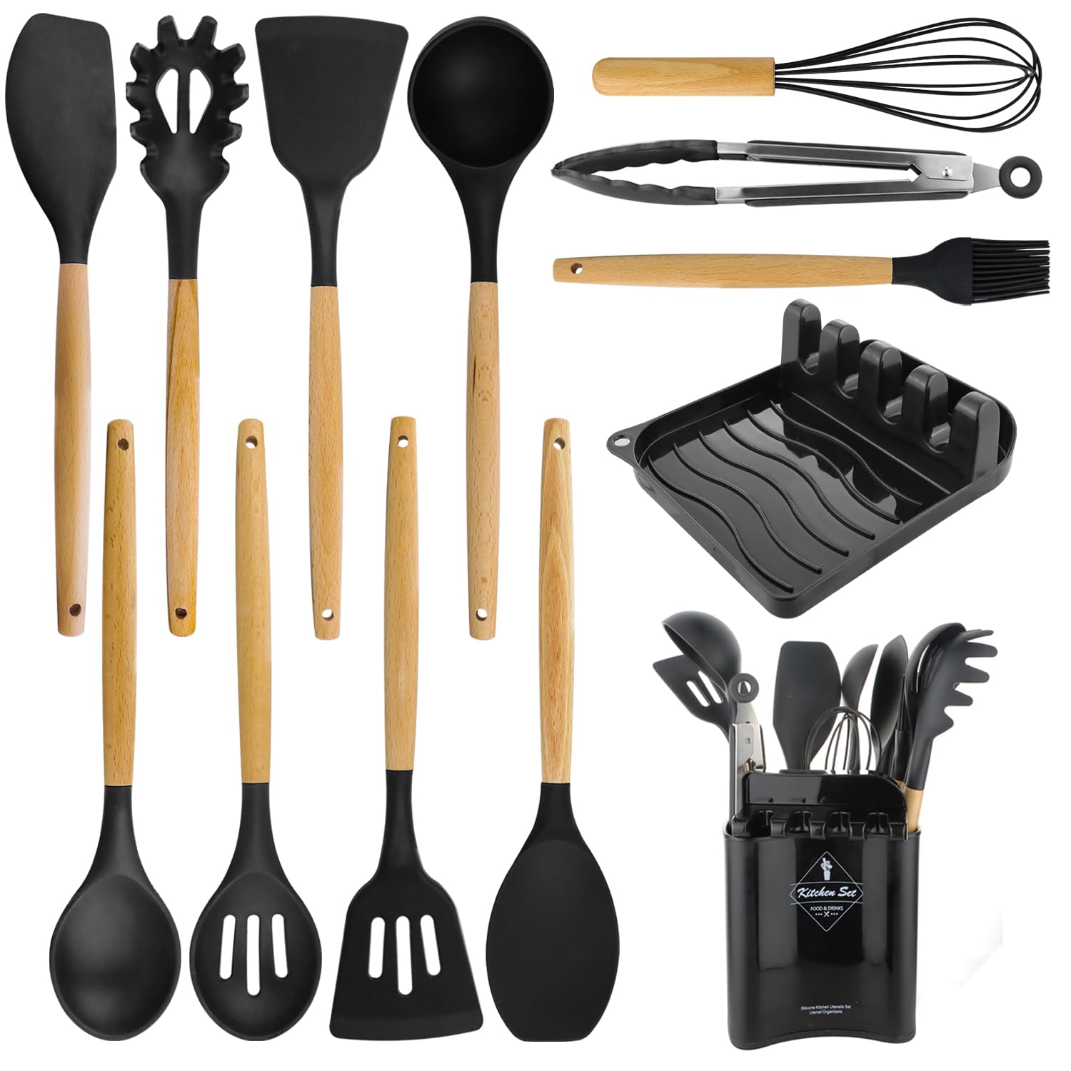 Set di 26 utensili da cucina in silicone, resistenti al calore, con porta utensili, set di utensili da cucina antiaderente con manico in legno, tongs, whisk, spatula - Schwar