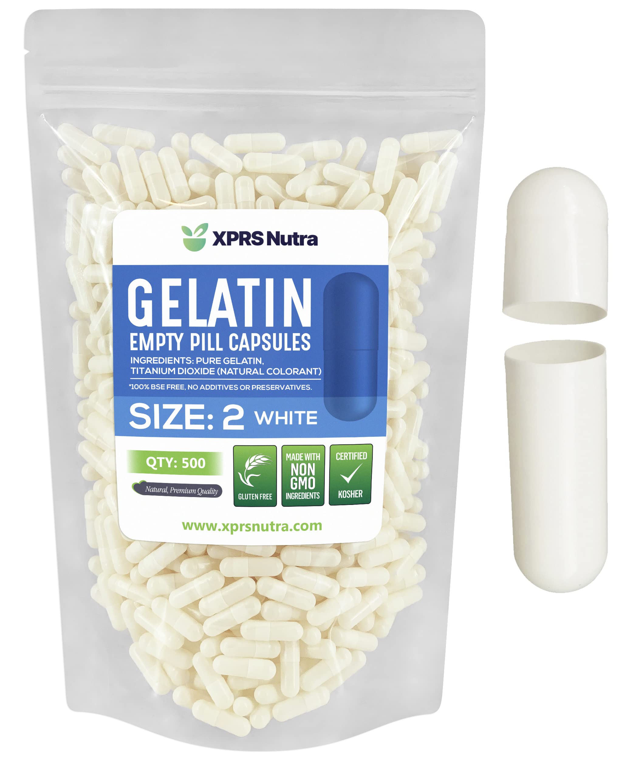 XPRS Nutra Size 2 Empty Capsules - 500 Count Empty Gelatin Capsules - Pills DIY Capsule Filling - Pure Bovine Pill Gel Caps for Do-It-Yourself Supplements (White) 500 Count (Pack of 1) White
