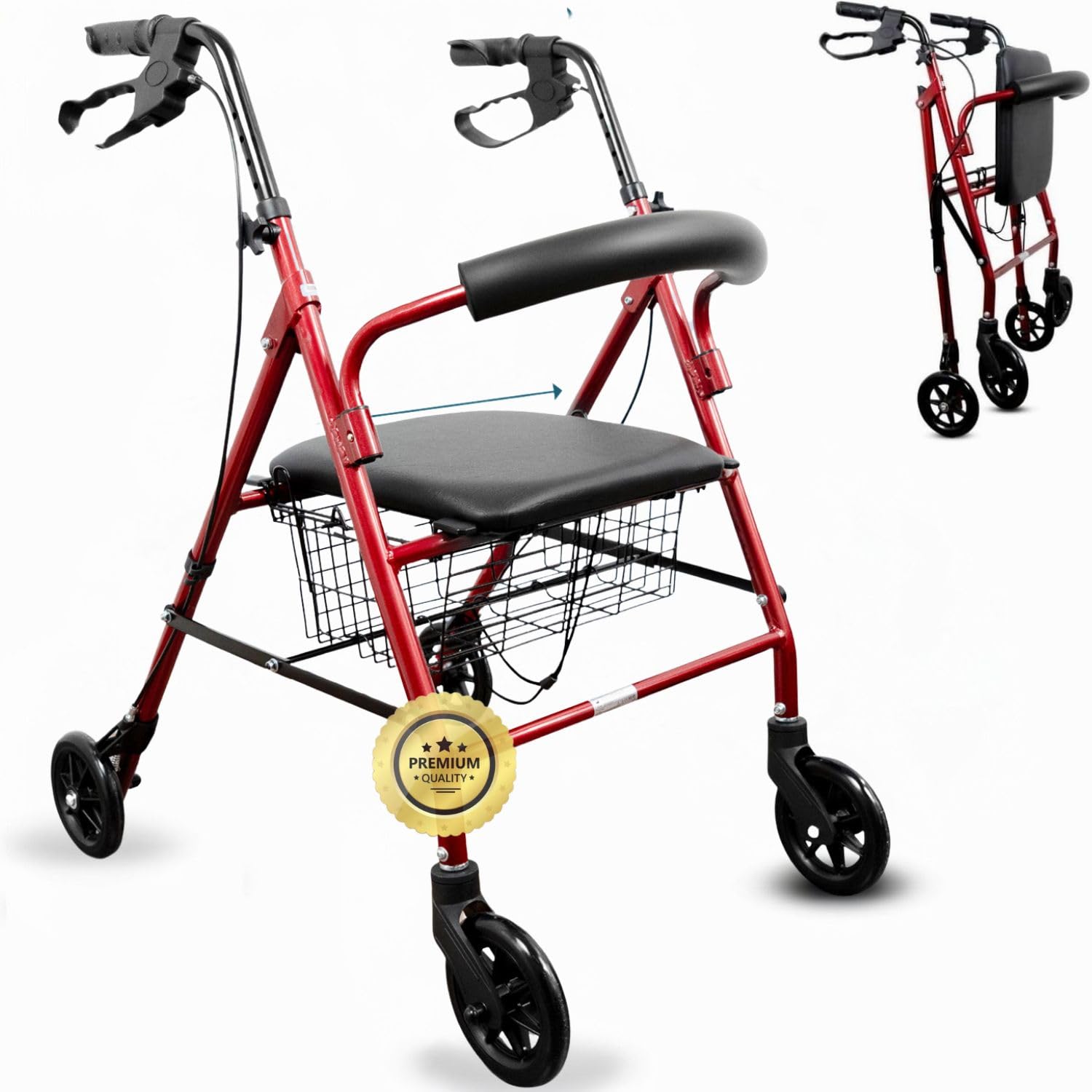 OrtoPrime Andador para Ancianos ROLLATOR de 4 Ruedas Plegable con Frenos de Maneta - Andadores adultos andador Ortopedia Rollator 4 Ruedas Caminadores para Mayores - Andador con ASIENTO y CESTA