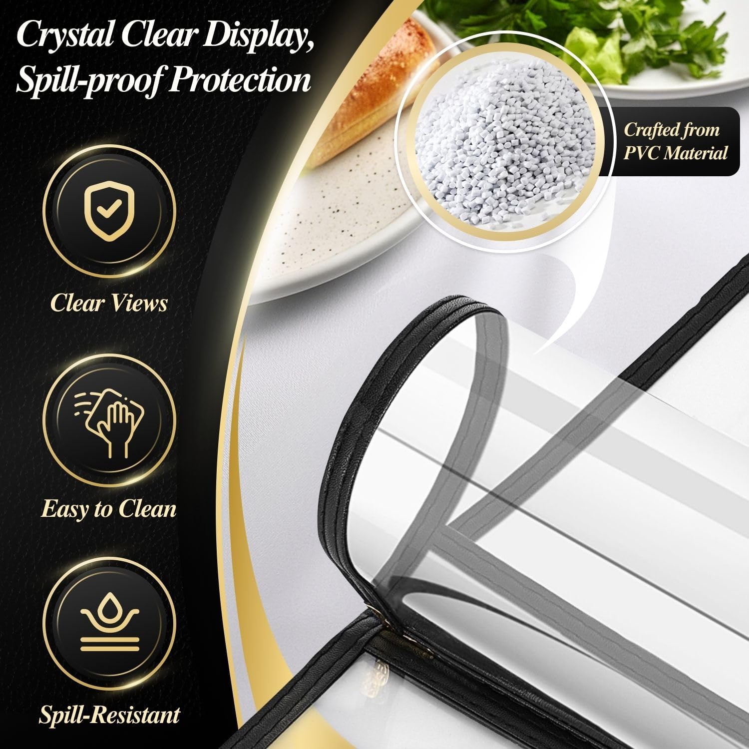 Flexzion Trifold Menu Covers 8.5 x 11 Inch (12 Pack) - Triple Stitched Menu Holder with 3 Pages 6 Views - Transparent Clear Menu Book Covers with Gold Metal Corner for Restaurant, Hotel, Cafe