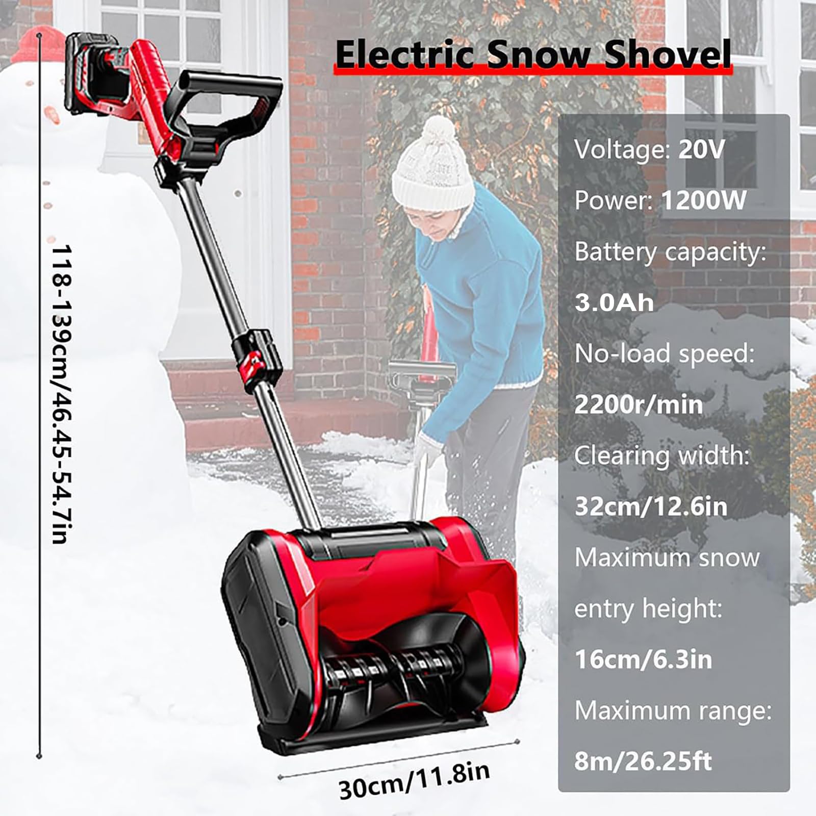 Spazzaneve elettrico senza fili, 1200 W, pala da neve portatile con 2 batterie e caricabatterie, asta telescopica 93-125 cm, distanza di lancio 8 m, per patio e fattoria