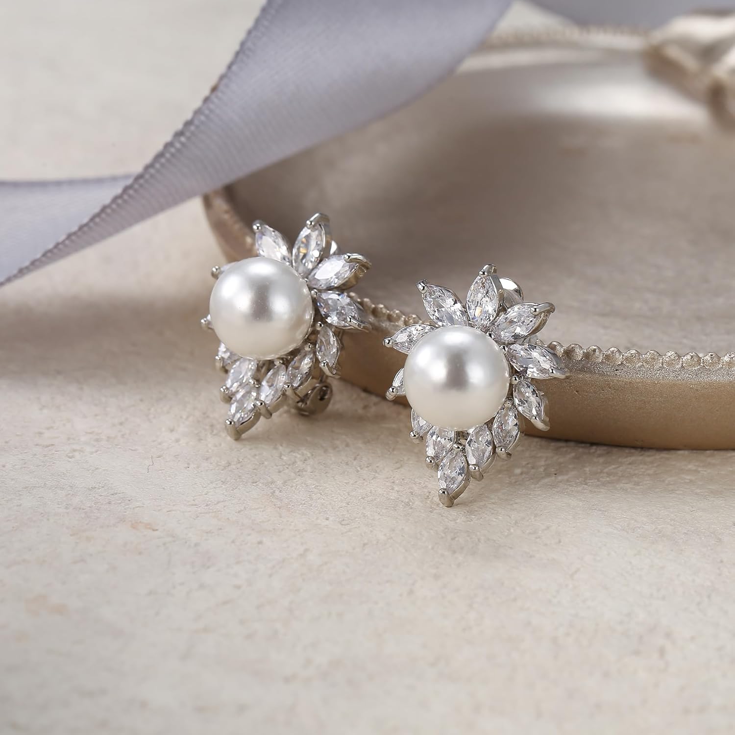 EVER FAITH Wedding Faux Pearl Earrings for Bride Bridesmaid, Marquise Cubic Zirconia Rhinestone Cluster Bridal Stud Earrings Prom Jewelry for Women - Image 4