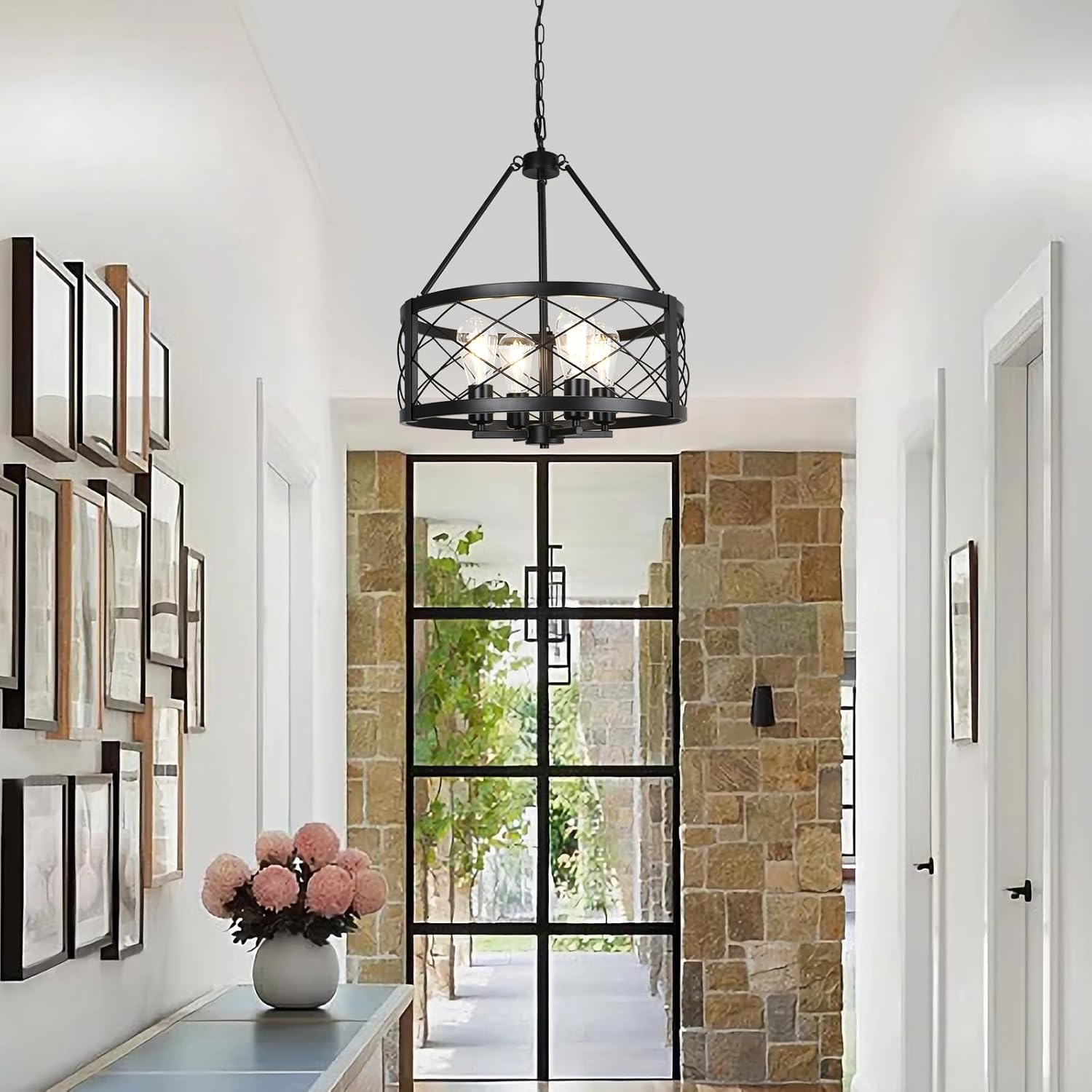 Vintage Chandelier for Entryway, 4 Lights Farmhouse Dining Room Light Fixture, Modern Rustic Black Chandeliers, Industrial Metal Drum Light Fixtures for Kitchen Island Foyer Living Room