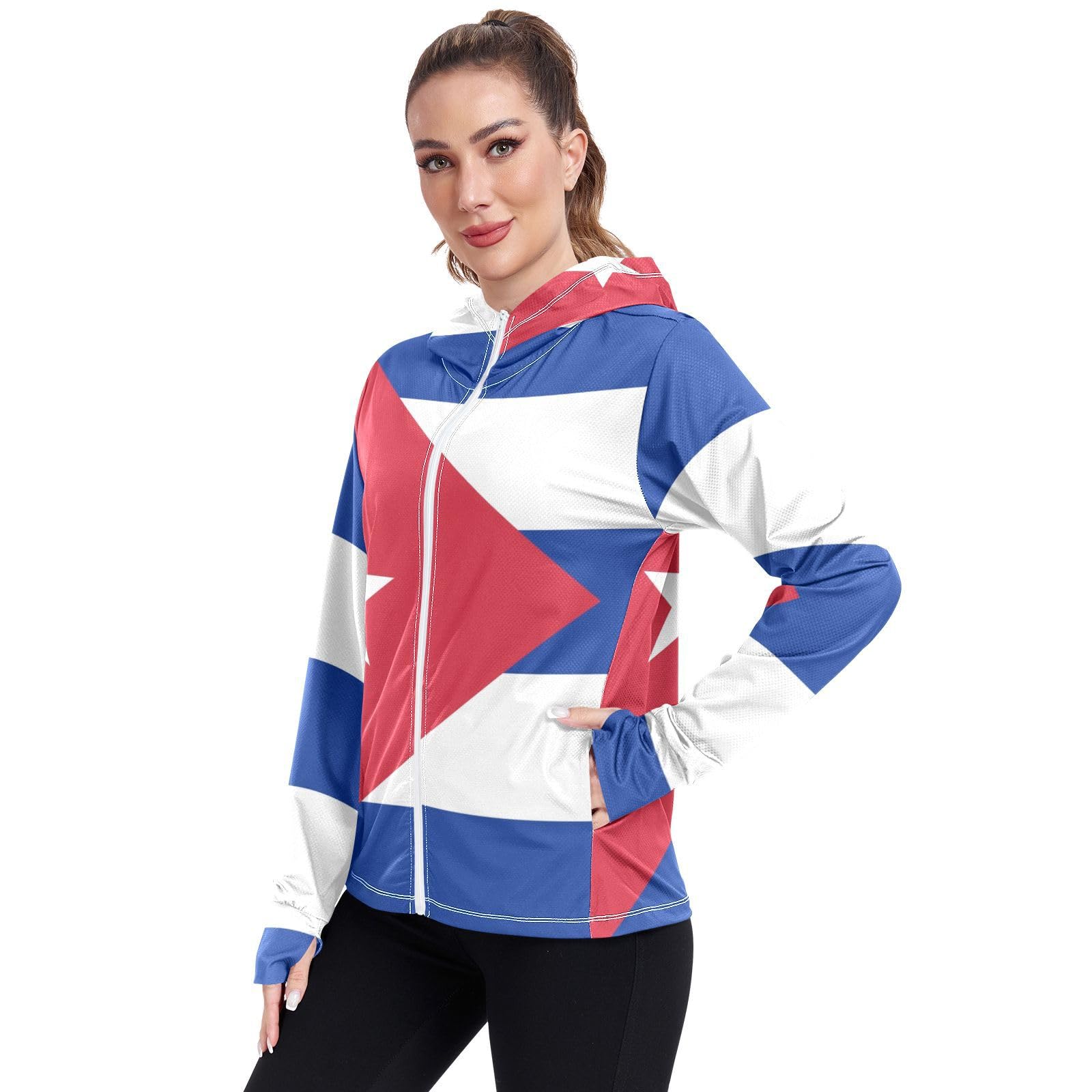 Cuba Flag Womens UPF 50+ Sun Protection Hoodie Jacket Lightweight Long Sleeve Sun Shirt with Pocket Multicoloured