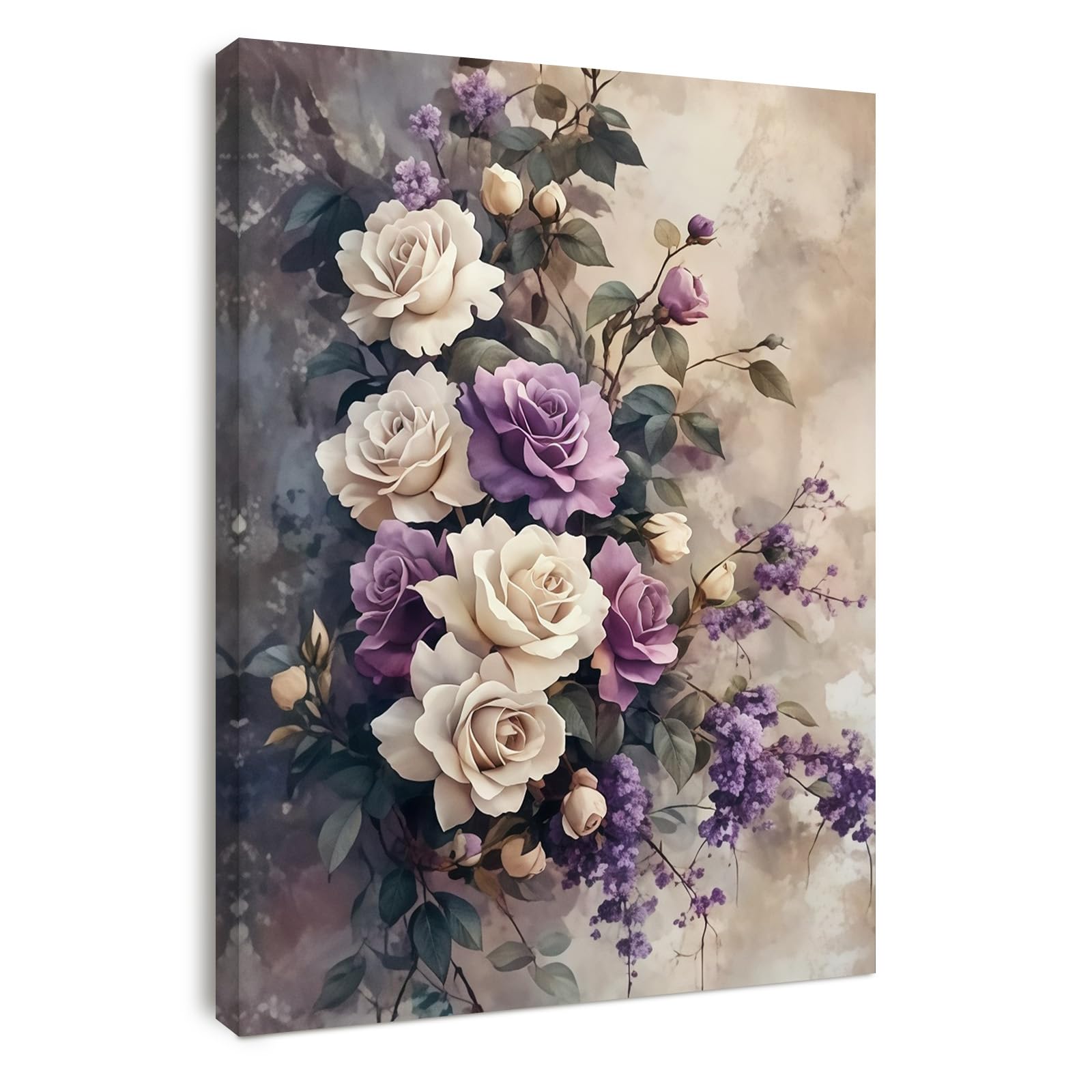 Alptiny Vintage Rose Floral Canvas Wall Art - Elegant Purple and White Flower Artwork for Living Room, Bedroom, and Hallway, Romantic Flower Wall Decor for Home