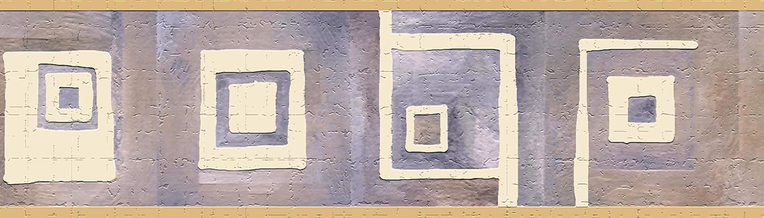Dundee Deco Wallpaper Border Peel and Stick DDAZBD9054 Geometric Beige, Purple Square Shapes Wall Border Retro Design, 15 ft x 7 in (4.57m x 17.78cm), Self Adhesive