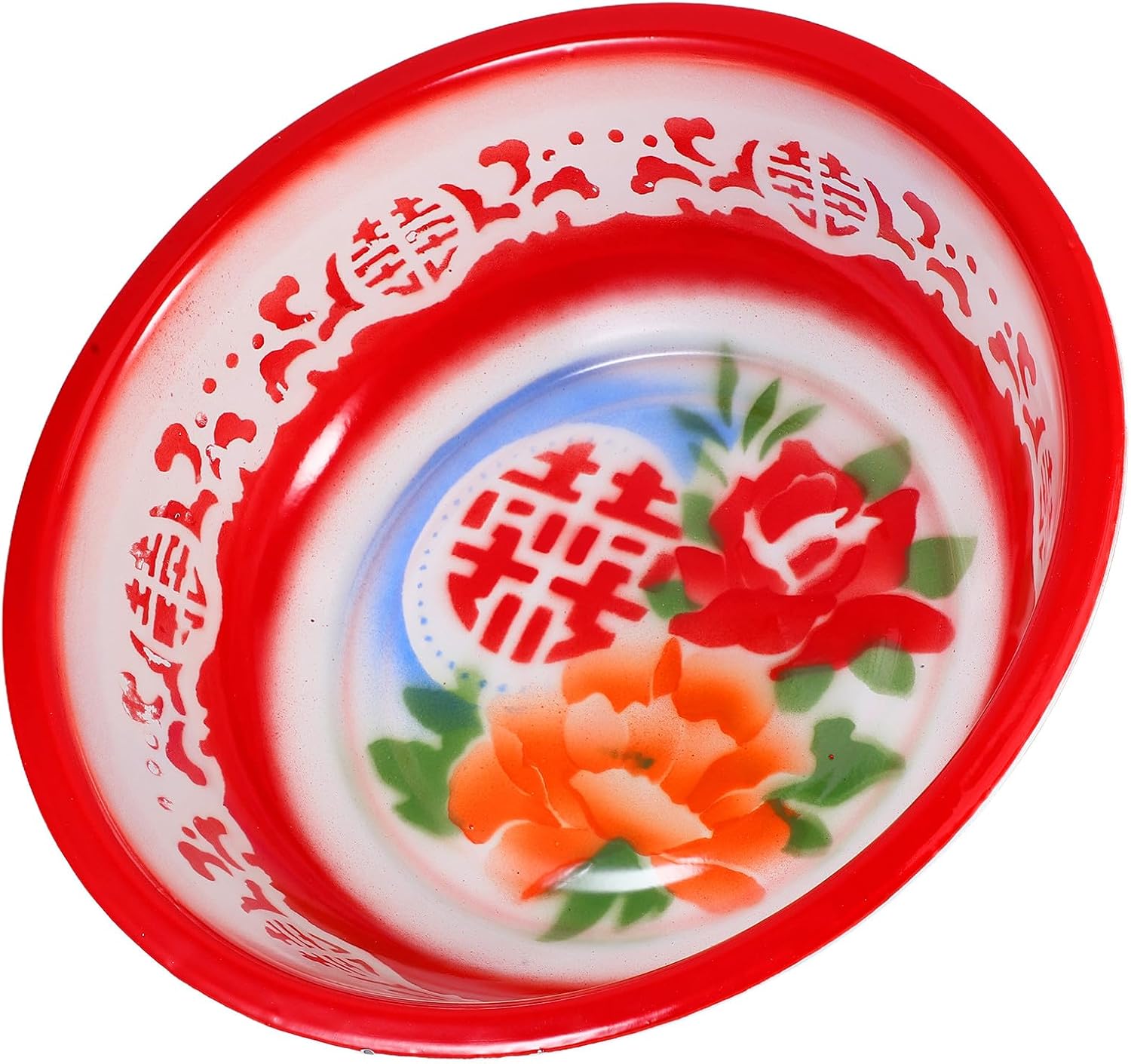 Vintage Enamel Basin and Thickened Enamel Mixing Bowl 36cm Red Floral Traditional Kitchen Vegetable Washing and Dough Mixing Basin