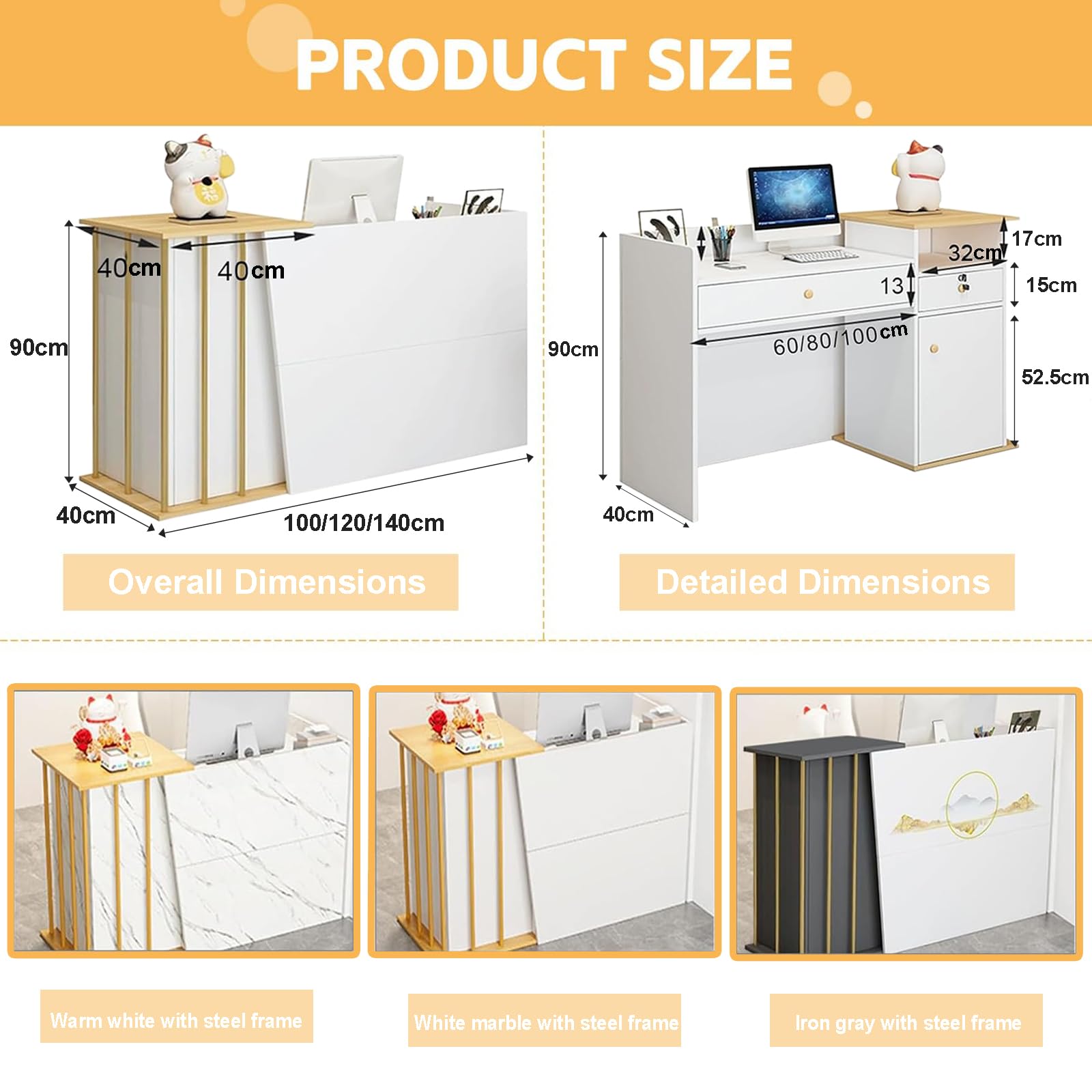 Mostrador Recepción, Con Cajones y Estantes Funcionales, Disponible en 100/120/140×40×90 Cm, Acabados en Blanco Cálido, Blanco Mármol o Gris Hierro, Ideal Peluque(Size:100x40x90cm,Color:Gris Hierro)