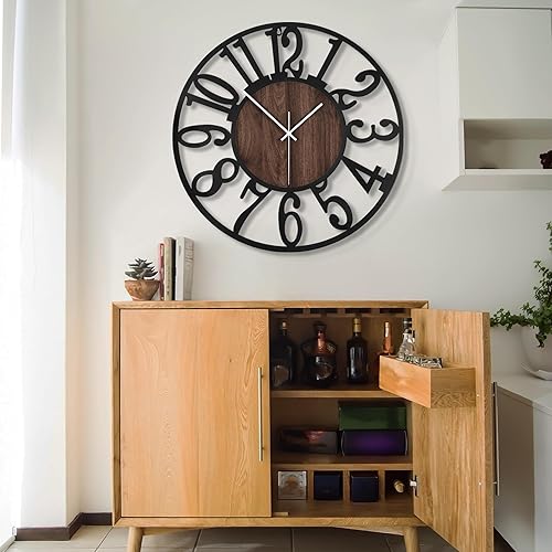 Miniatura 6 de LEIKE Reloj de pared LED grande, silencioso, sin tictac, funciona con pilas, rústico, redondo, moderno, reloj de pared de madera grande para sala de