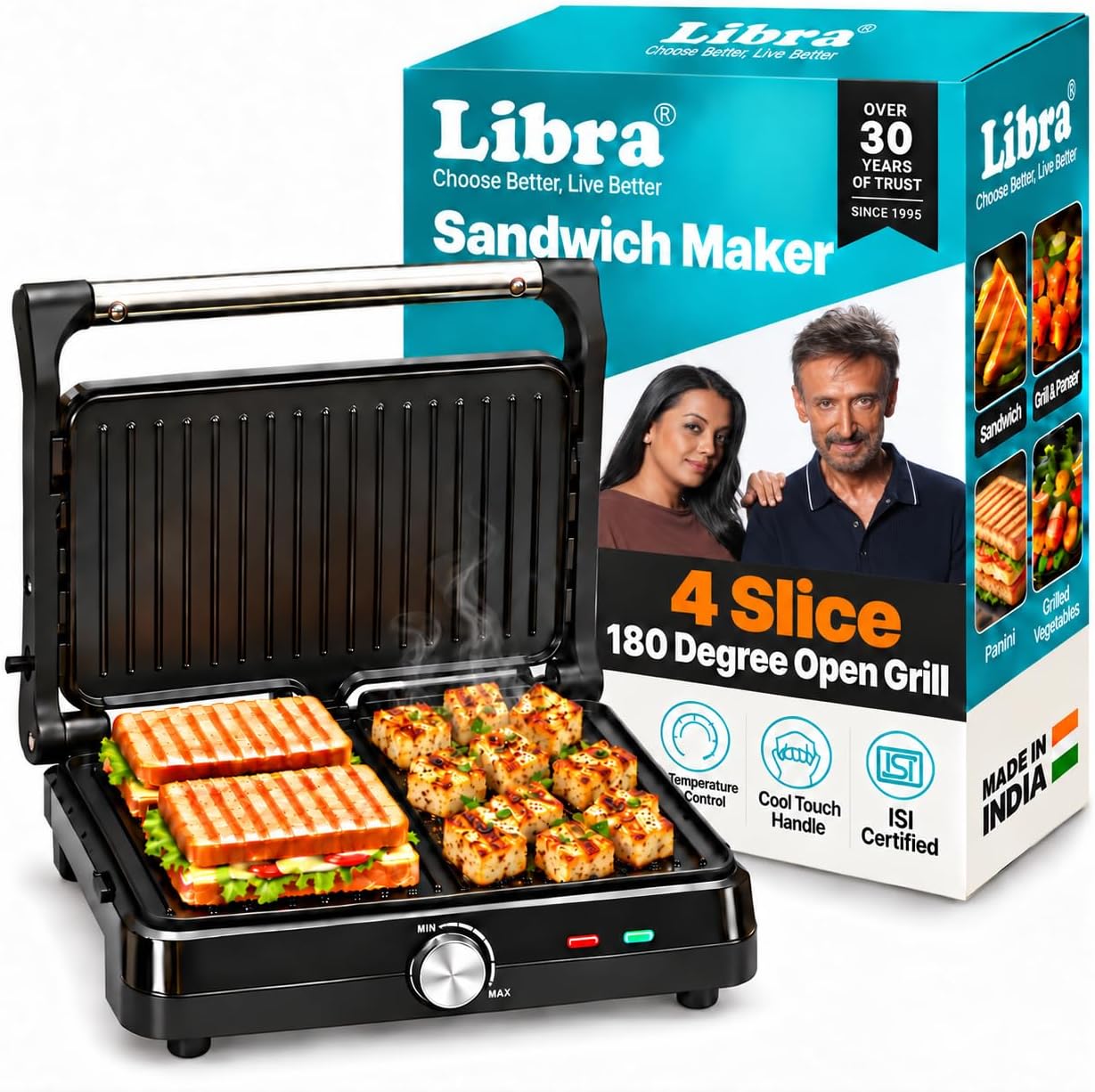 Libra Griller Sandwich Maker - 2000 W 4 Slice Sandwich Maker Electric With Non Stick Plates Opens to 180ยฐ, Cool Touch Handles, Temperature Control And Drip Tray,Black