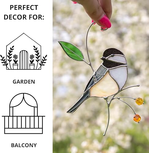 Miniatura 3 de Gift Birds Handmade Stained Glass Suncatchers Genuine Stained Glass Window Hanging Unique Indoor Ornament & Outdoor Decor (CHICKADEE)