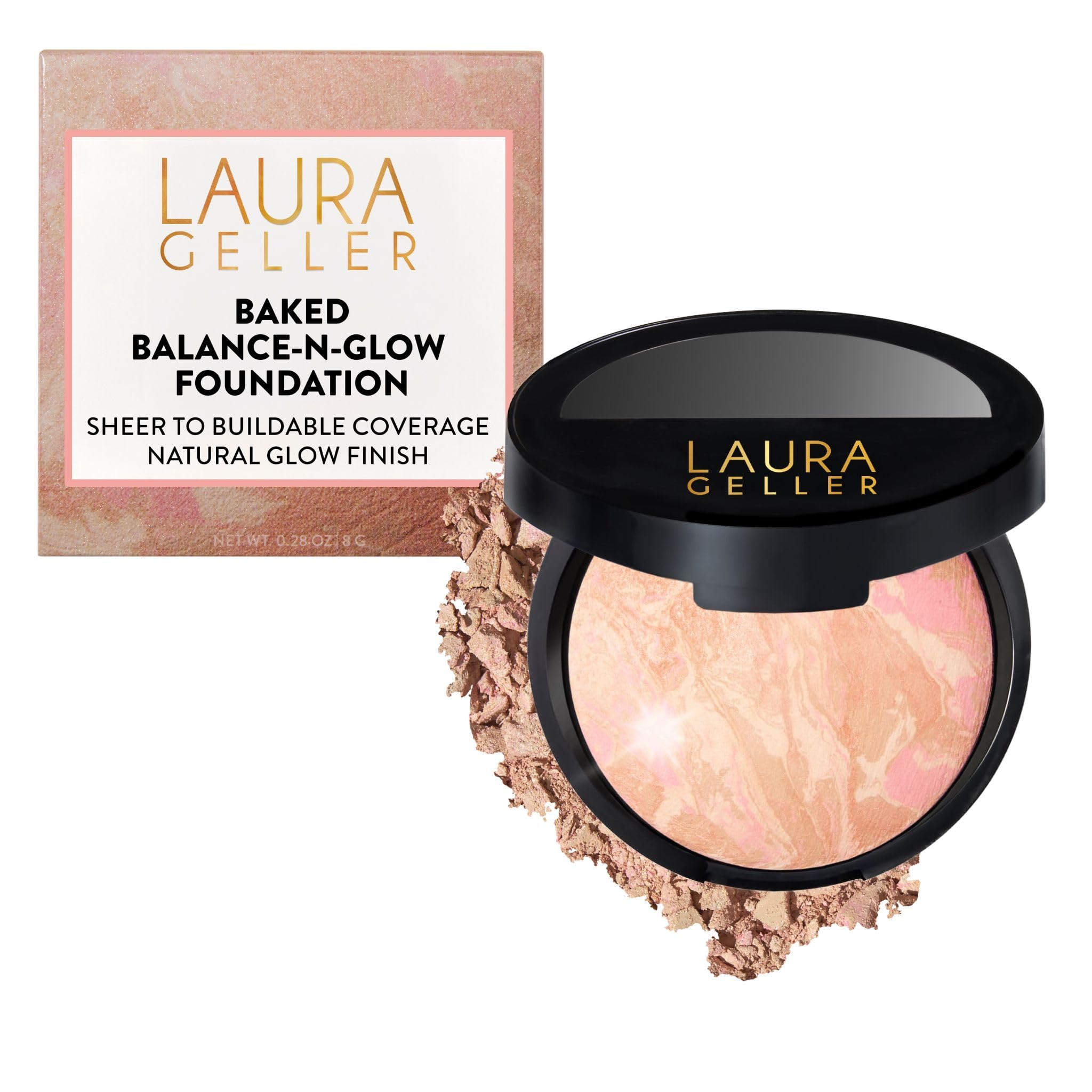 LAURA GELLER NEW YORK Baked Balance-n-Glow Illuminating Puder Makeup, Aufbaubare, Transparente bis Leichte Deckkraft, Baking Powder Foundation Make Up mit Satin-Finish (01 Porzellan)