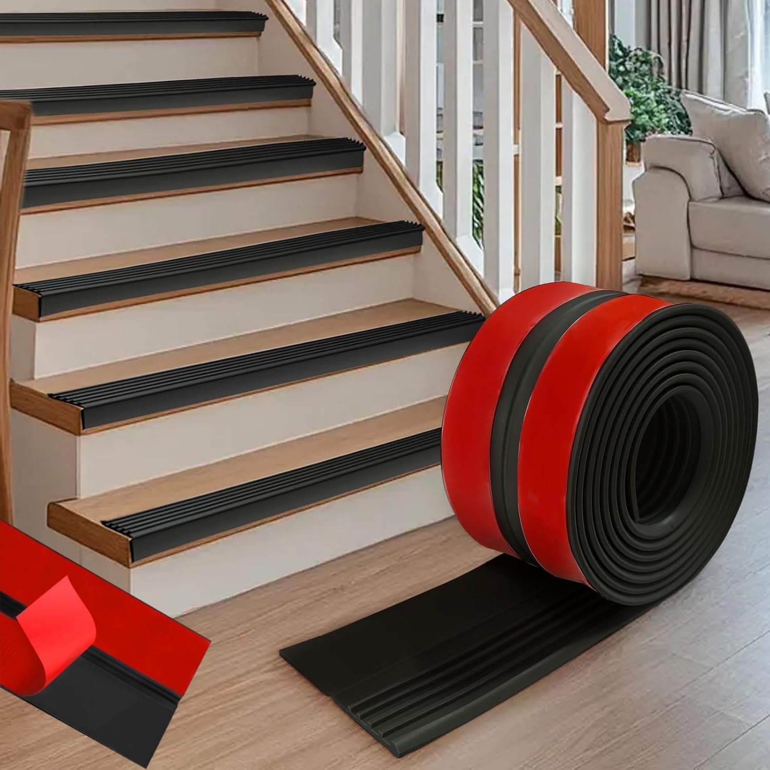 8m Profilé de Nez de Marche Autocollant de Qualité SupéRieure - Protection des Bords D'Escalier - En Caoutchouc de Silicone AntidéRapant - pour L'IntéRieur Et L'ExtéRieur - en Forme de L - Noir