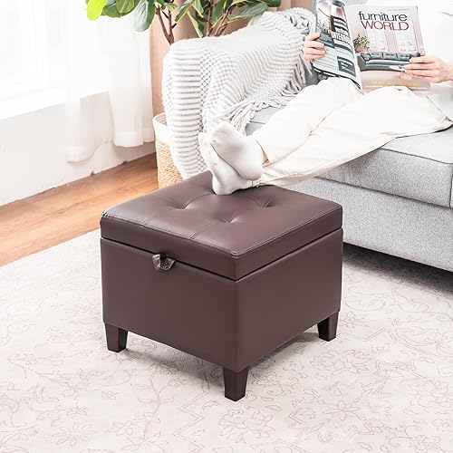 Miniatura 2 de Asense Reposapiés otomano cuadrado tapizado con tapa con bisagras (cuero sintético marrón)