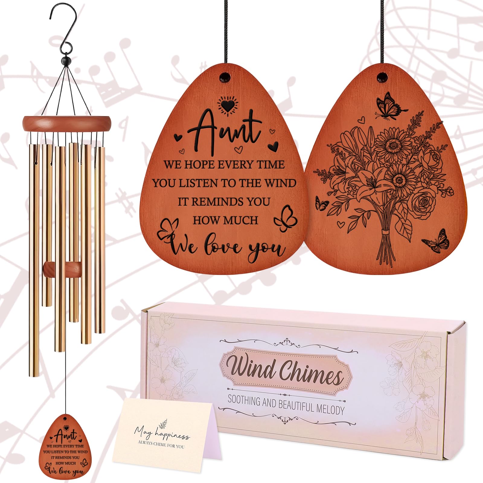 Aunt Gifts Wind Chimes - Metal Windchimes with Card Indoor Outdoor Hanging Decor for Garden Patio Yard Balcony Backyard Appreciation Christmas New Year Birthday Gift for Aunts from Niece