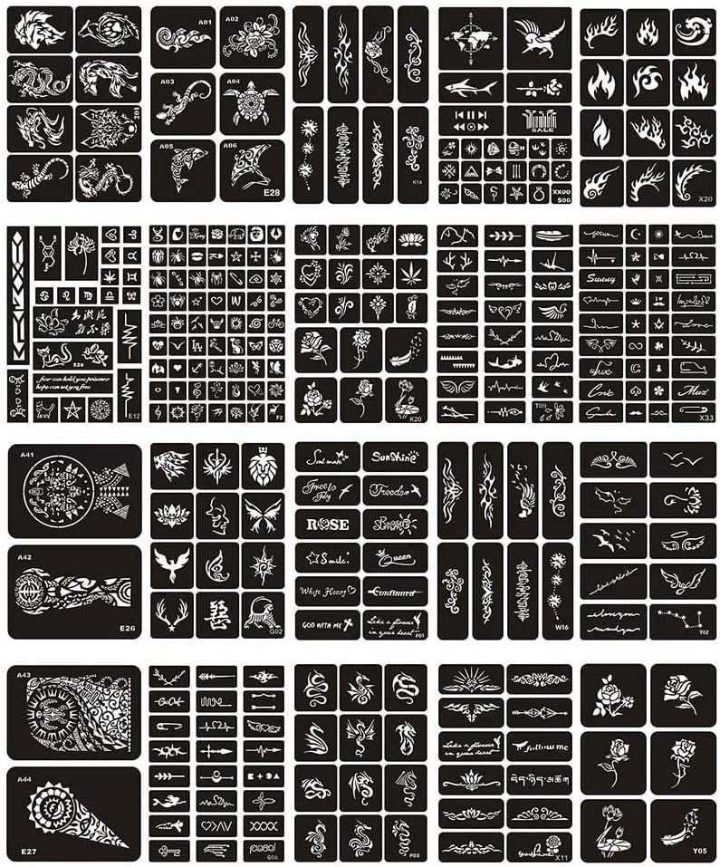 Jurxy20 Sheets Tattoo Stencil Kit Temporary Tattoo Templates Body Art Designs Self-Adhesive Reusable Tattoo Stickers Kit - Various Patterns for Adults Man Women Kids Teenager