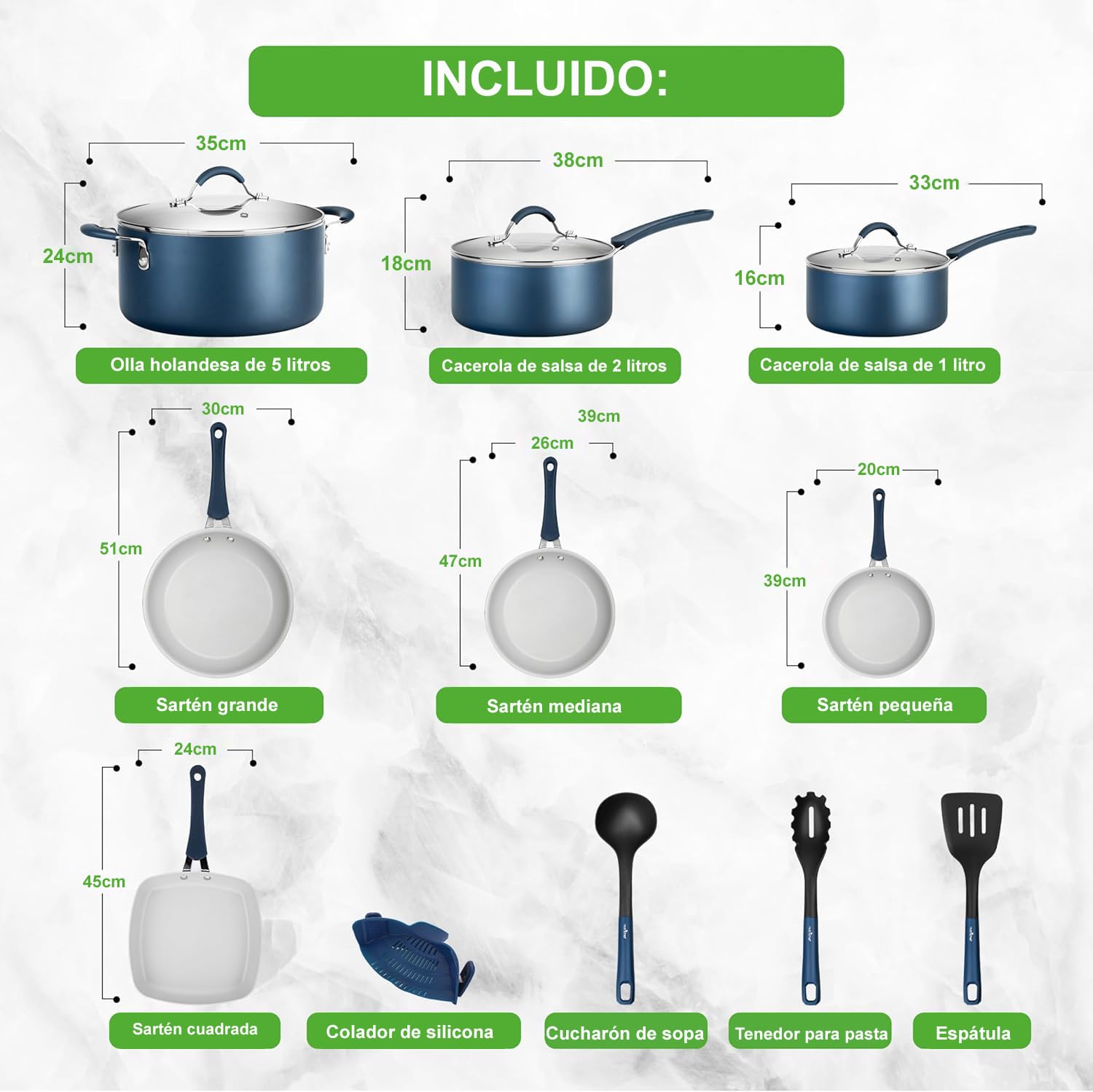 Nutrichef carote 14 piezas, Set de sartenes, Juego de ollas, Tapas, Utensilios, Antiadherentes, Libres de PFOA/PFOS, Color azul