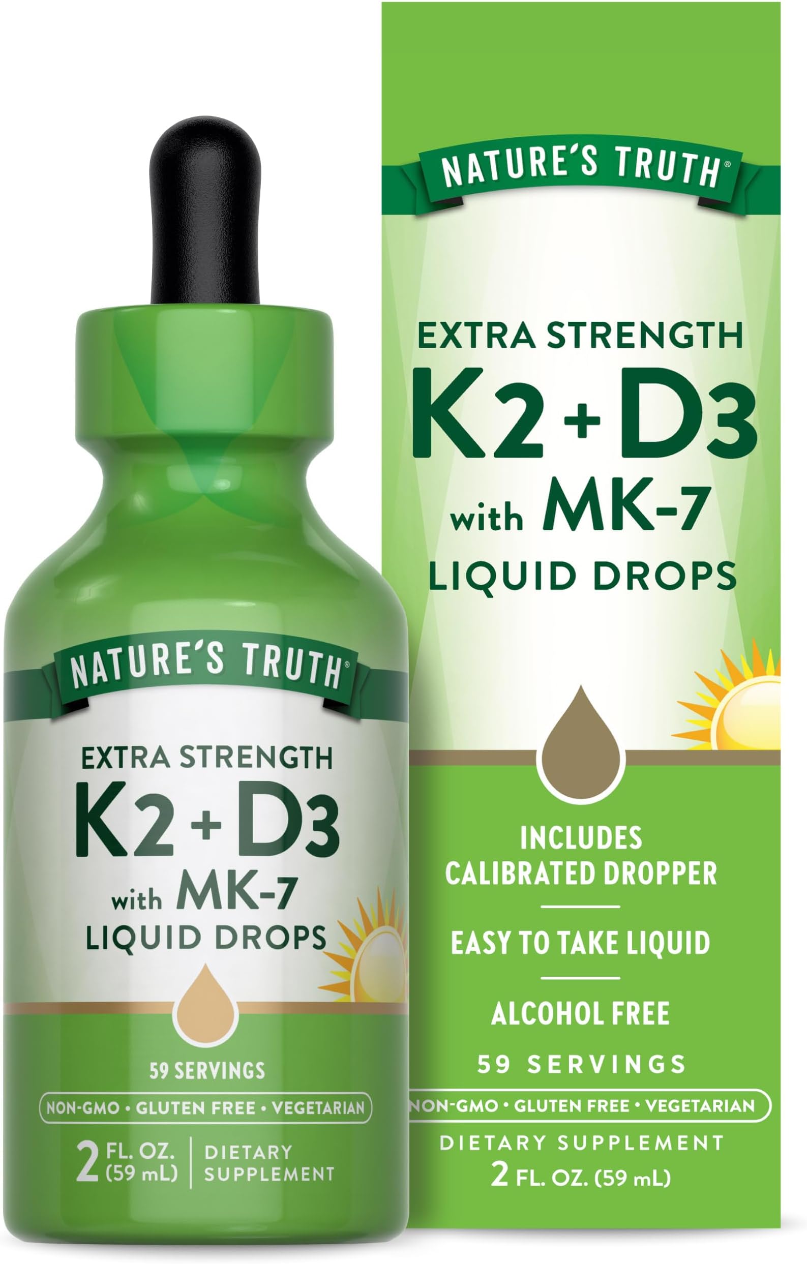 Vitamin D3 K2 Liquid Drops | with MK-7 | 2 Fl Oz | Vegetarian, Non-GMO & Gluten Free Supplement | Essential Support