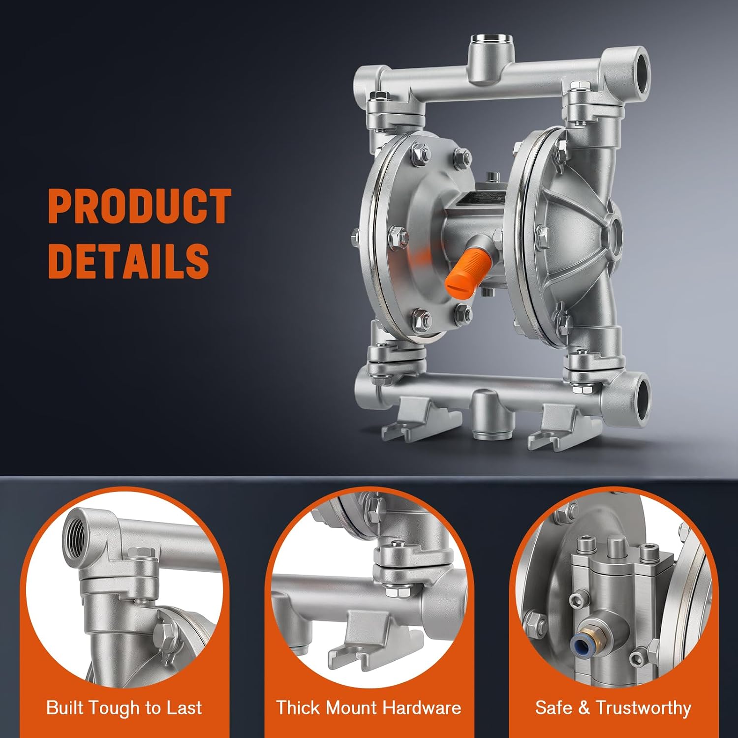 Air Operated Double Diaphragm Pump 1/2 inch In/Out, 44 GPM, Aluminum Alloy