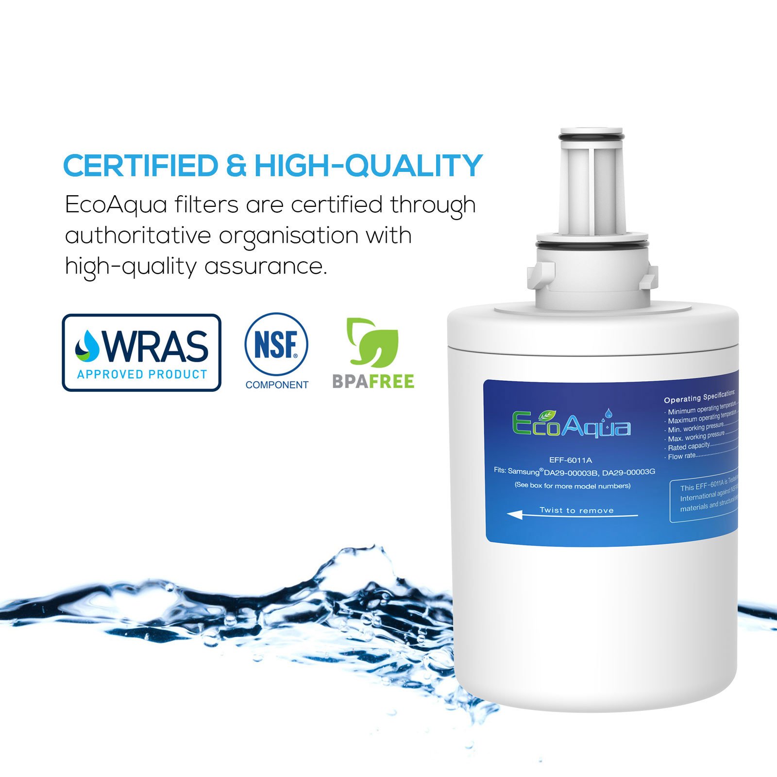 EcoAqua EFF-6011A Filtro de Agua para Nevera Compatible con Samsung DA29-00003G, HAFCU1/XAA, HAFIN2/EXP, DA97-06317A, DA29-00003A, DA29-00003B, APP100/1, DA61-00159, SGF-DSB20, WSS-1 (3)