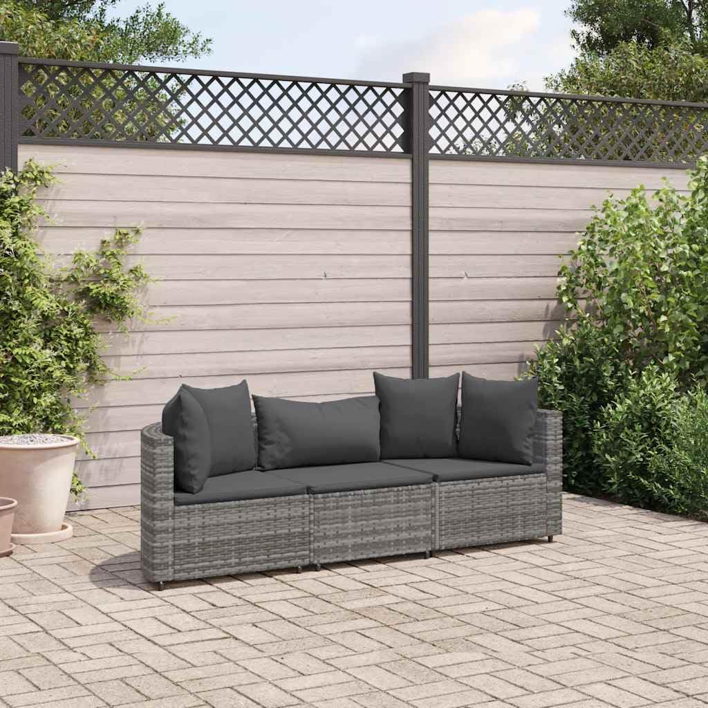 Ensemble de canapé de jardin 3 pièces avec coussins gris en polyrotin pour patio, terrasse, balcon, salon confortable, résistant aux UV, 110 kg par siège, chaises de jardin