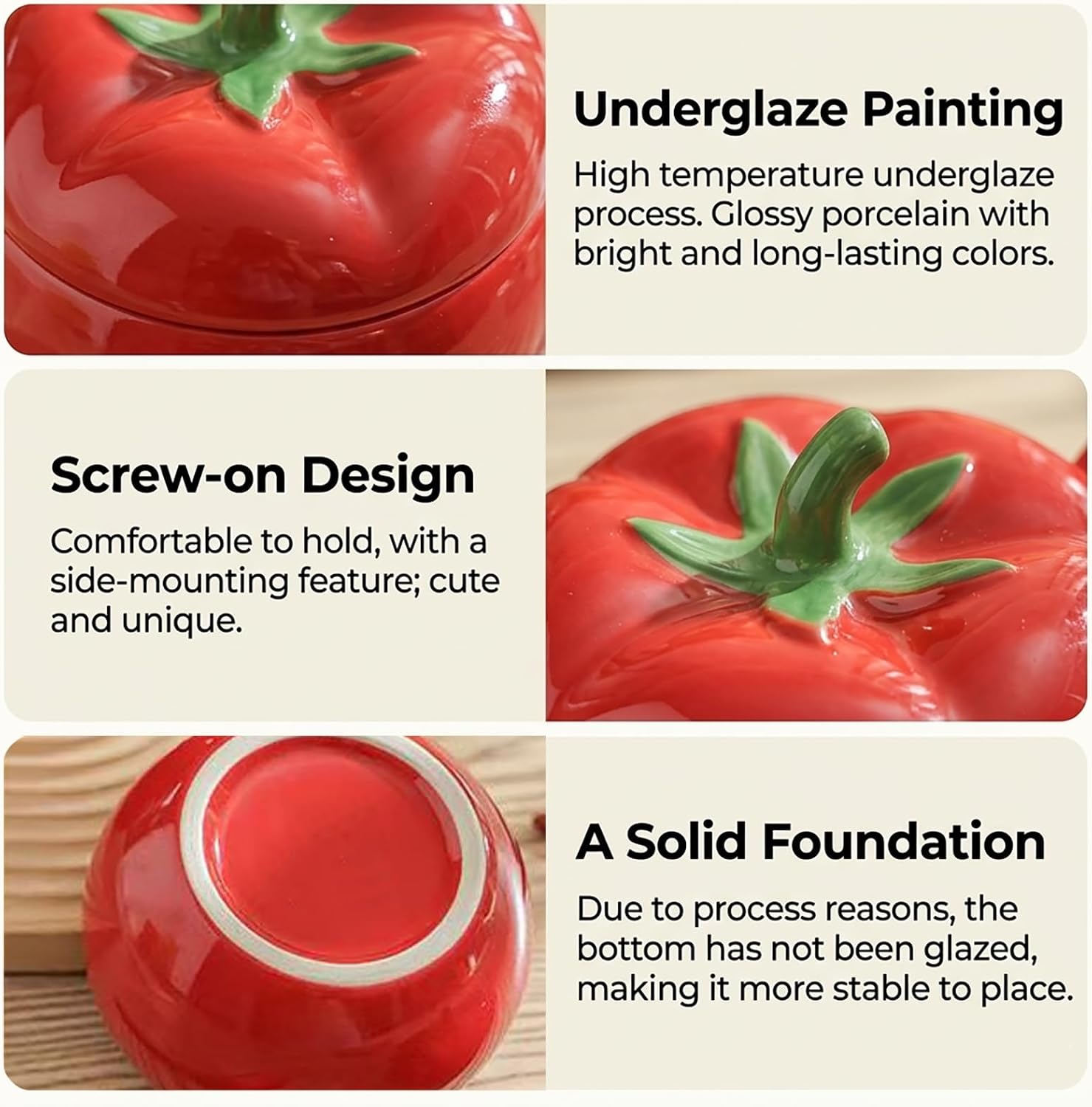 Caliamary Ceramic Tomato Salt Cellar with Lid and Spoon - 14.2 Oz Red Salt Bowl for Kitchen Countertop, Cute Spice Container & Condiment Jar for Sugar, Salt, Spice (Tomato)