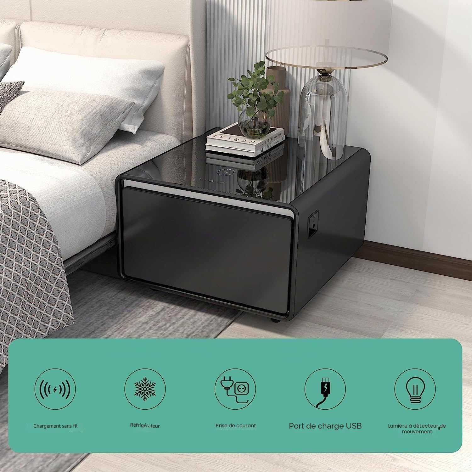 Table de chevet intelligente avec réfrigérateur intégré et chargement sans fil – Table de chevet pour chambre à coucher