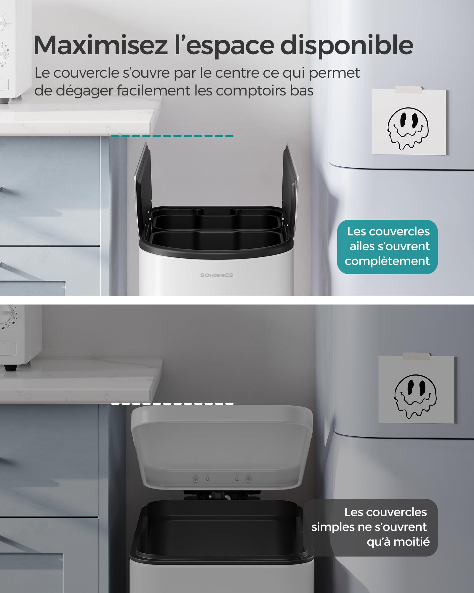 SONGMICS Poubelle de Cuisine Double, 30L et 20L, Poubelle Mince 2 Compartiments pour Tri et Recyclage des Déchets, avec Pédale et Couvercles Ailles, Blanc Nuage et Argent Métallique LTB570W02