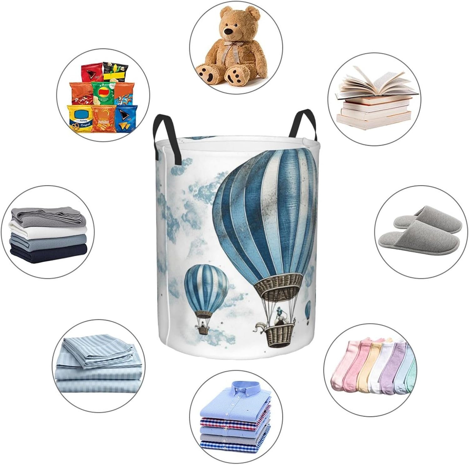 Blue Hot Air Balloon Laundry Basket with Handle, Freestanding Laundry Hamper, Collapsible Dirty Clothes Hamper, Waterproof Fabric Blanket Storage Basket Tall Toy Storage Bin Room Decor Medium