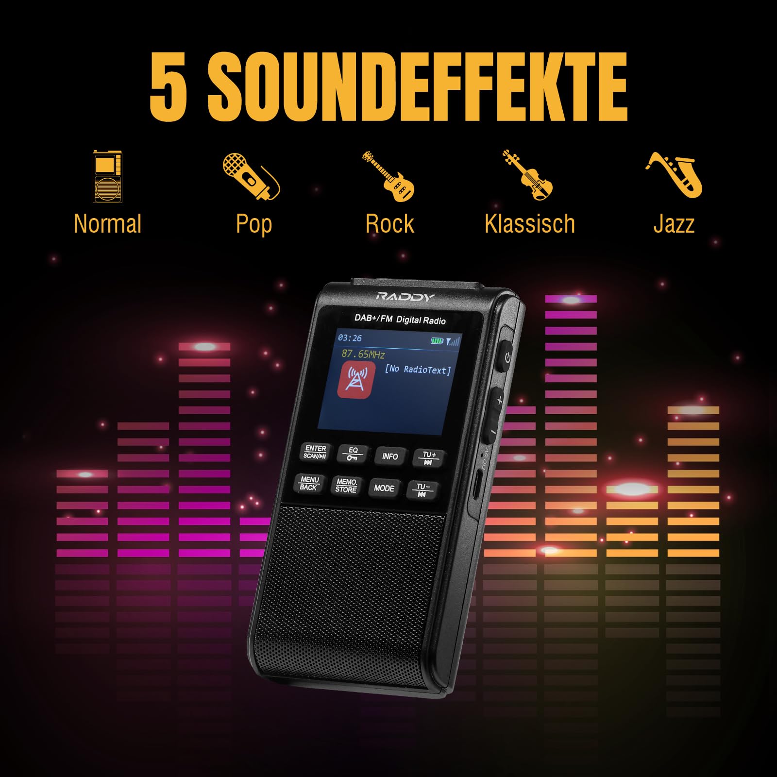 Raddy RD939 DAB+/FM Taschenradio mit Bluetooth 5.3, 5W Lautsprecher, USB-C | 80 Senderspeicher, 2-Zoll-Display, TF/USB-Wiedergabe, Doppelwecker und 1200mAh Akku für zuverlässigen Empfang unterwegs
