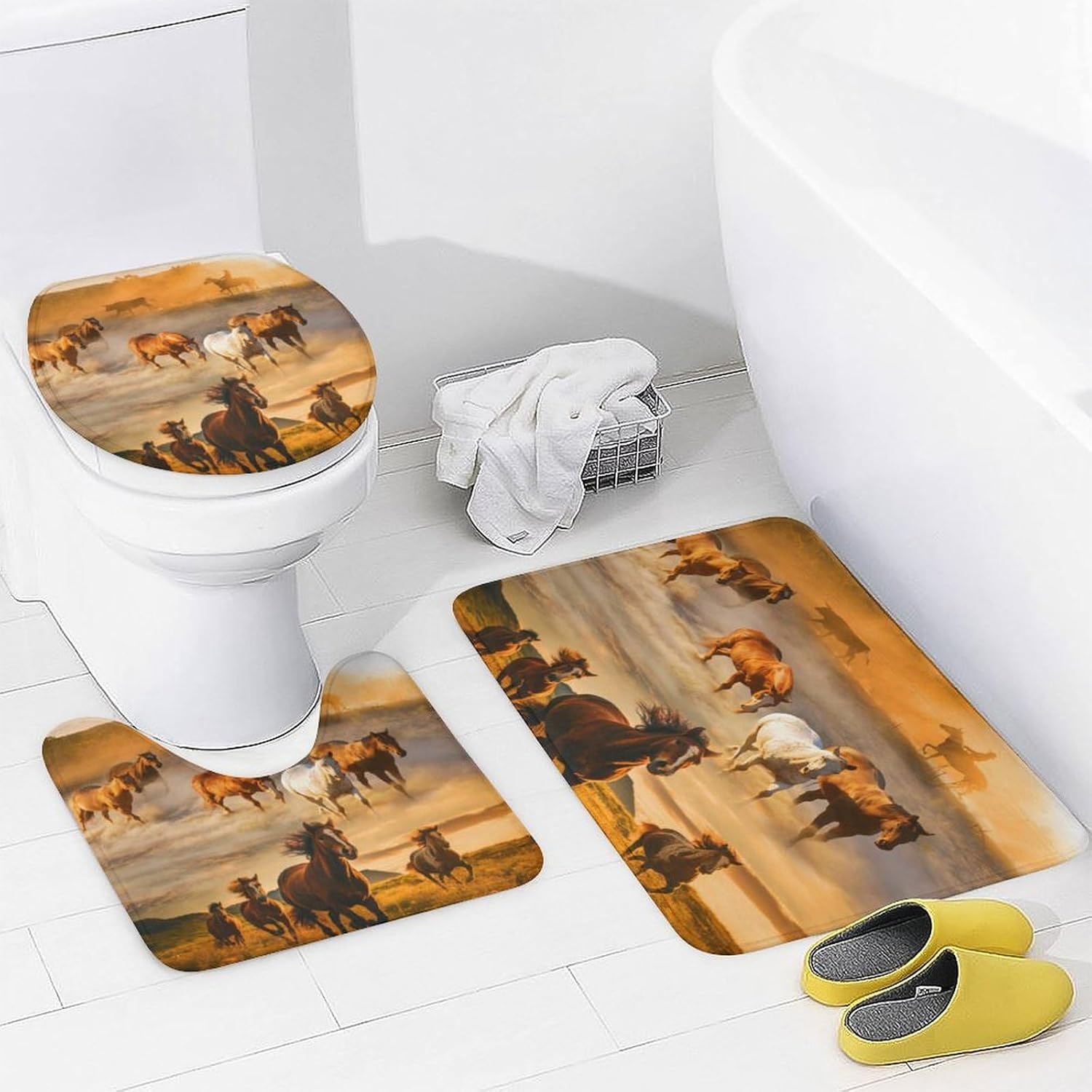 Brebasf Rustic Desert Horses 4 Pcs Waterproof Shower Curtains Set,Vintage Wild Western Cowboy Sunset Running Horses Shower Curtains Shower Rugs Mat Toilet Cover-72 W X 72" L