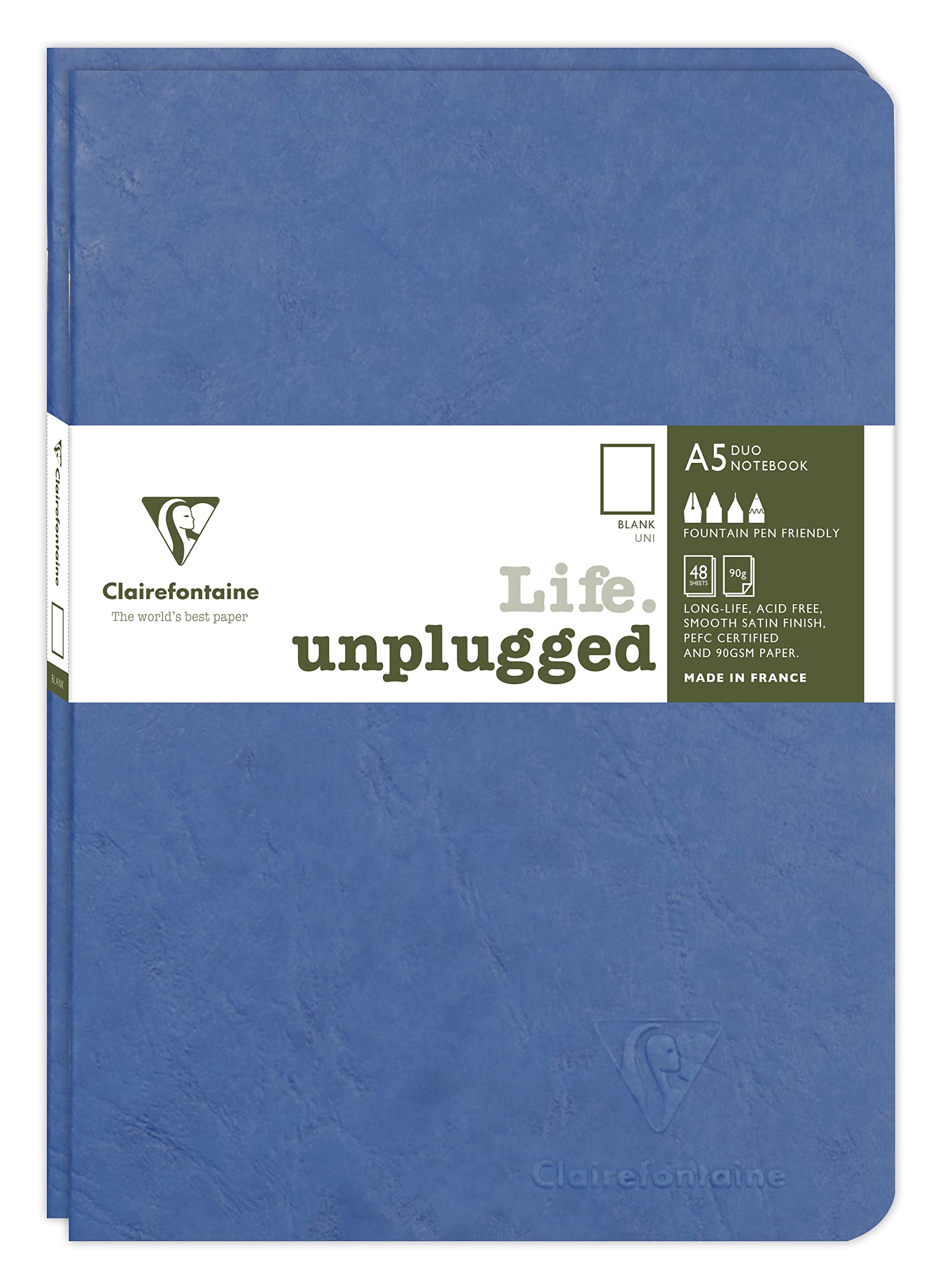 Clairefontaine 733184C Collection Age Bag Set of 2 Blue Duo Stapled Notebooks, A5 15.8x21 cm, 96 Plain White Pages