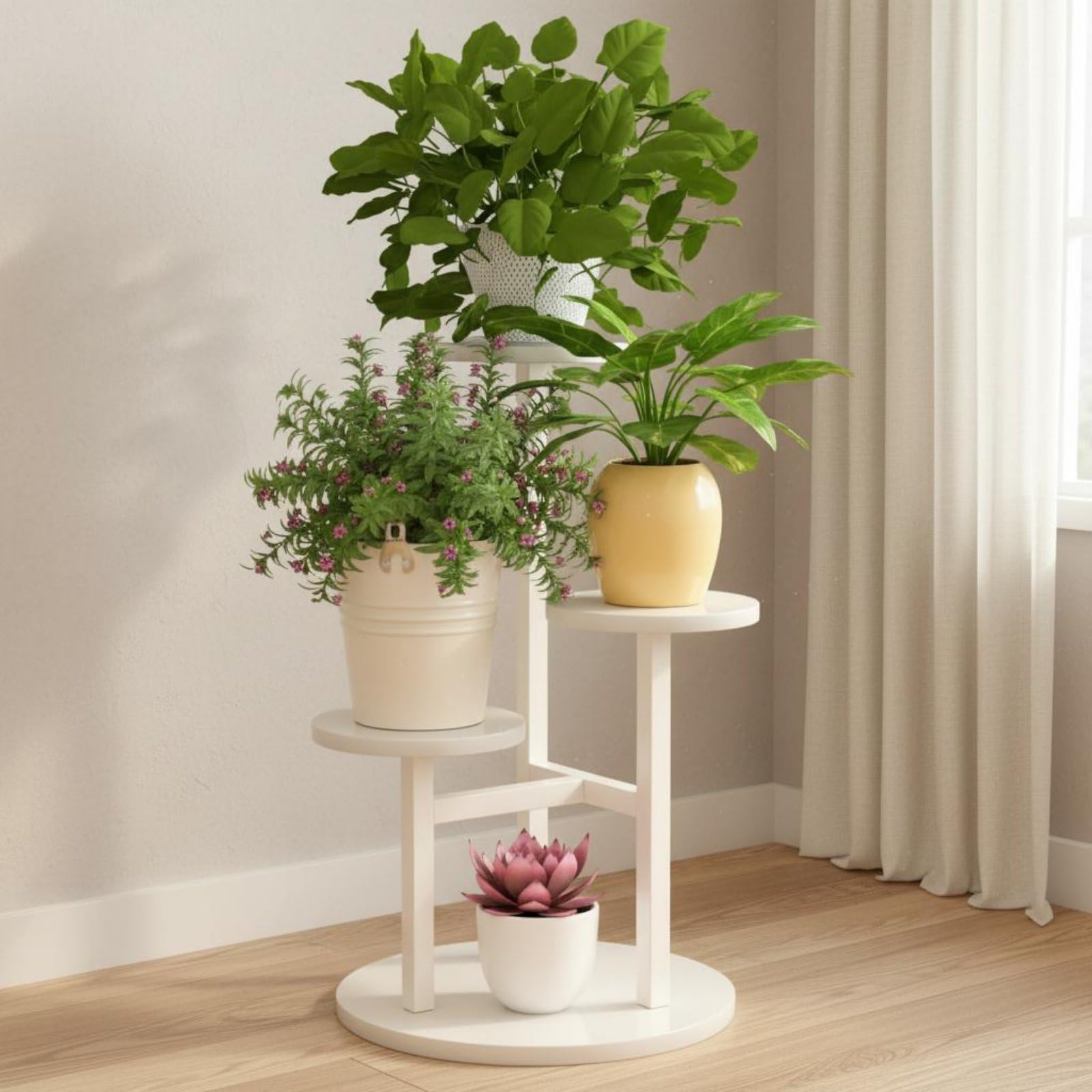 Estantería de Exhibición Soporte para Plantas Macetero Mueble Organizador de 4 Niveles Que Espacio Vertical y Aireación Adecuada para Salón Terraza , Nogal Claro+Blanco