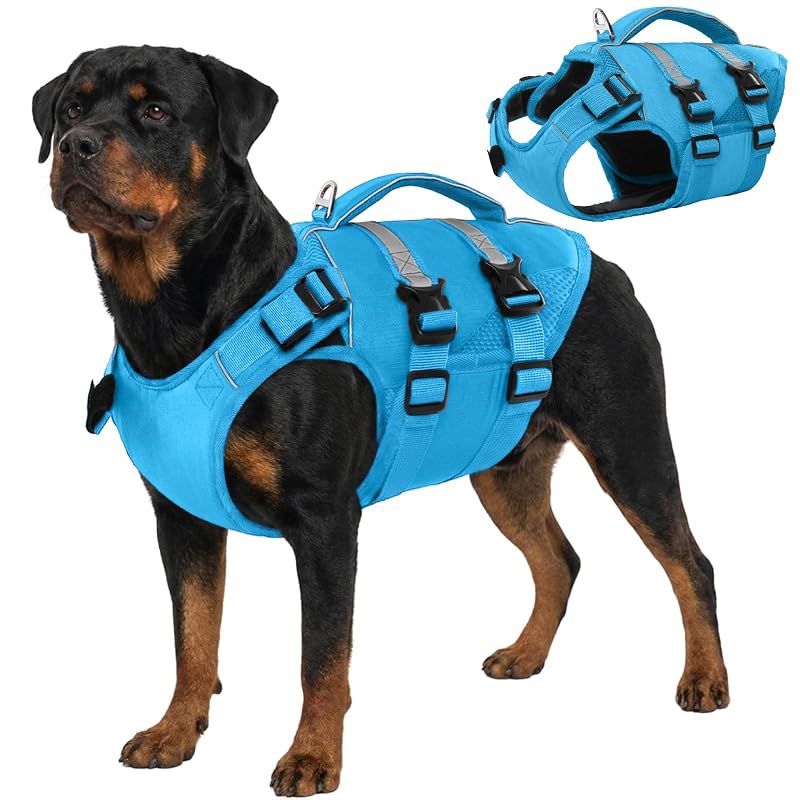 Colete salva-vidas para cães em Oxford Ripstop com alça de resgate Kuoser Ocean Blue tamanho L