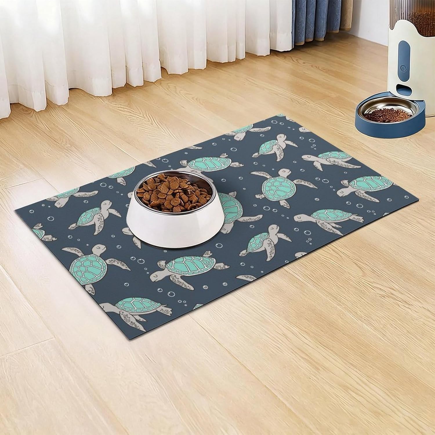 Sea Turtles Green Pet Feeding Mat Dog Cat Food Placemats for Water Bowl Non Slip