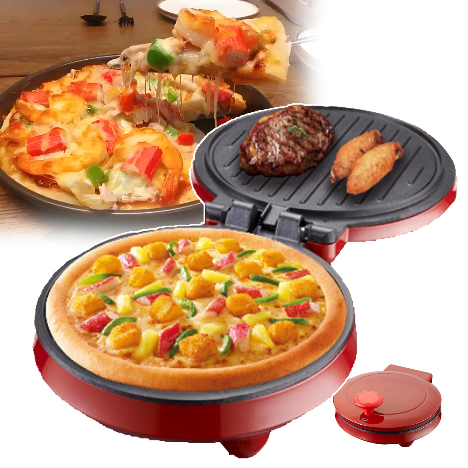 Machine À Pizza Électrique De Comptoir 25 Cm, Chauffage/cuisson Uniforme Des Deux Côtés, Plaque Chauffante Antiadhésive, Ouverture À 180 Degrés, Pour Pizzas, Steaks, 2 À 3 Personnes,Red
