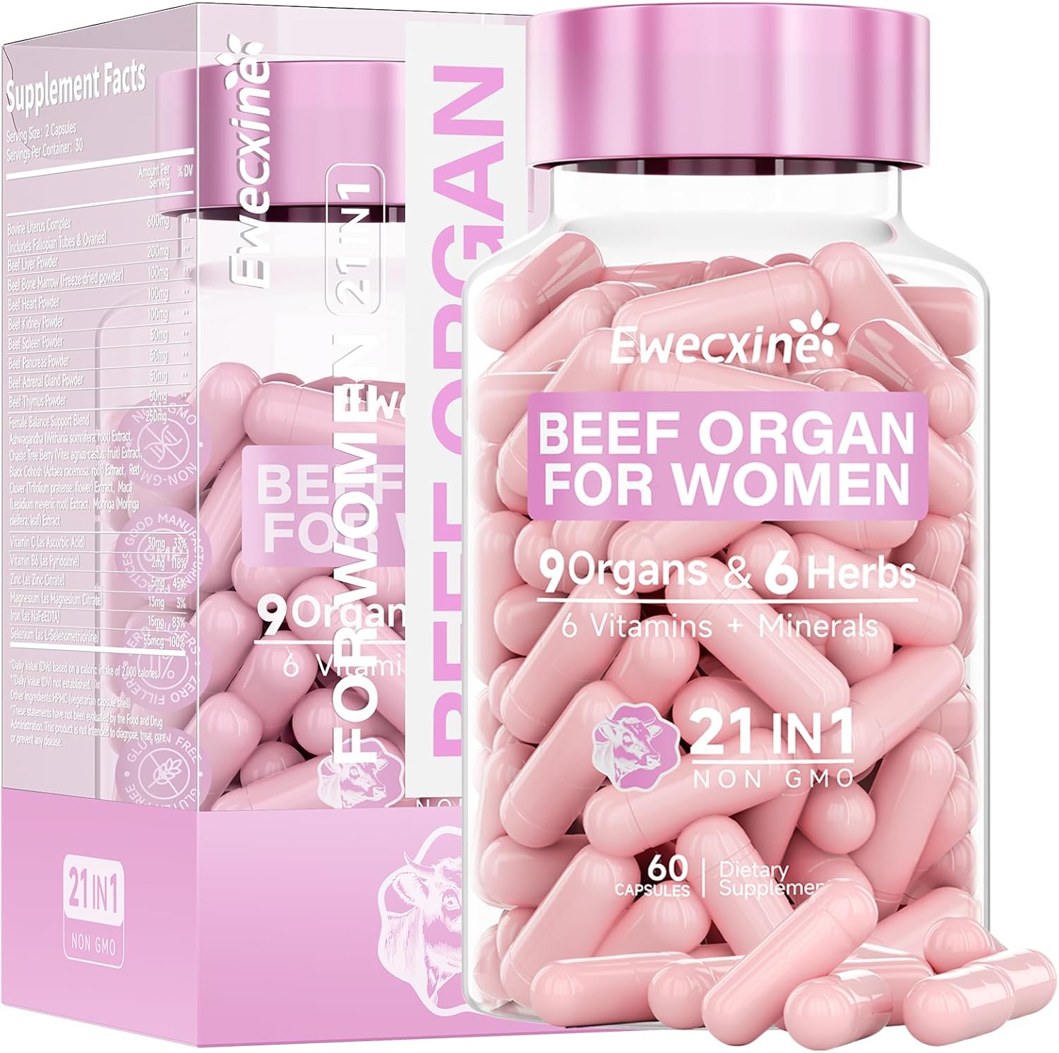 Beef Organ Supplement for Women | 9-Organ Formula with Herbal Support, Liver, Uterus, Ovary, Heart & Kidney for Feminine Balance & Energy | New Zealand Grass-Fed | 60 Capsules