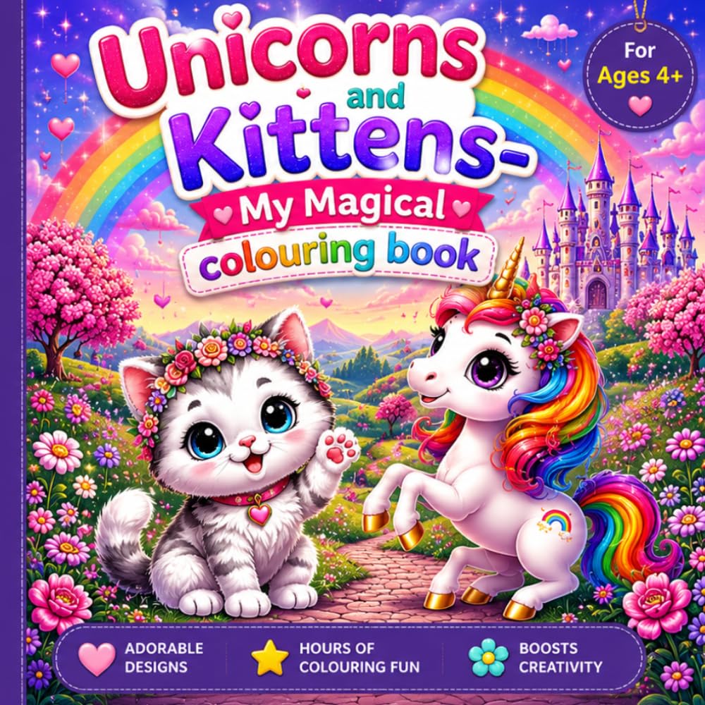 Unicorns and Kittens - My Magical colouring book: Adorable colouring pages with big-eyed kittens and unicorns - A fun relaxing activity book for little artists