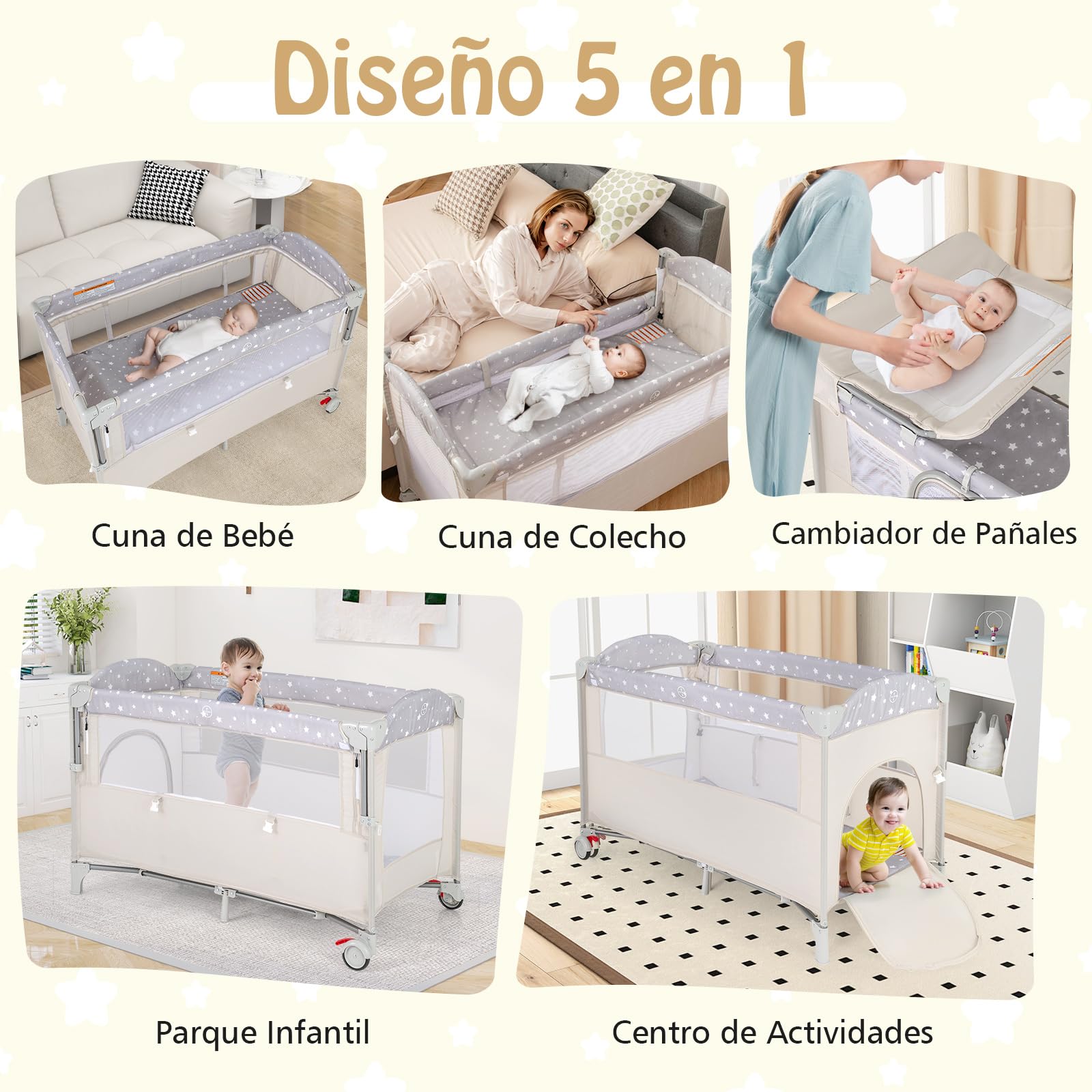 RELAX4LIFE 5 en 1 Cuna Infantil Bebe con 2 Ruedas Bloqueables, Cambiador, Correa Fijación, Caja de Música y 3 Juguetes Colgantes, Cuna con Colchón y Bolsa de Transporte para Bebés 0-36 Meses (Beige)