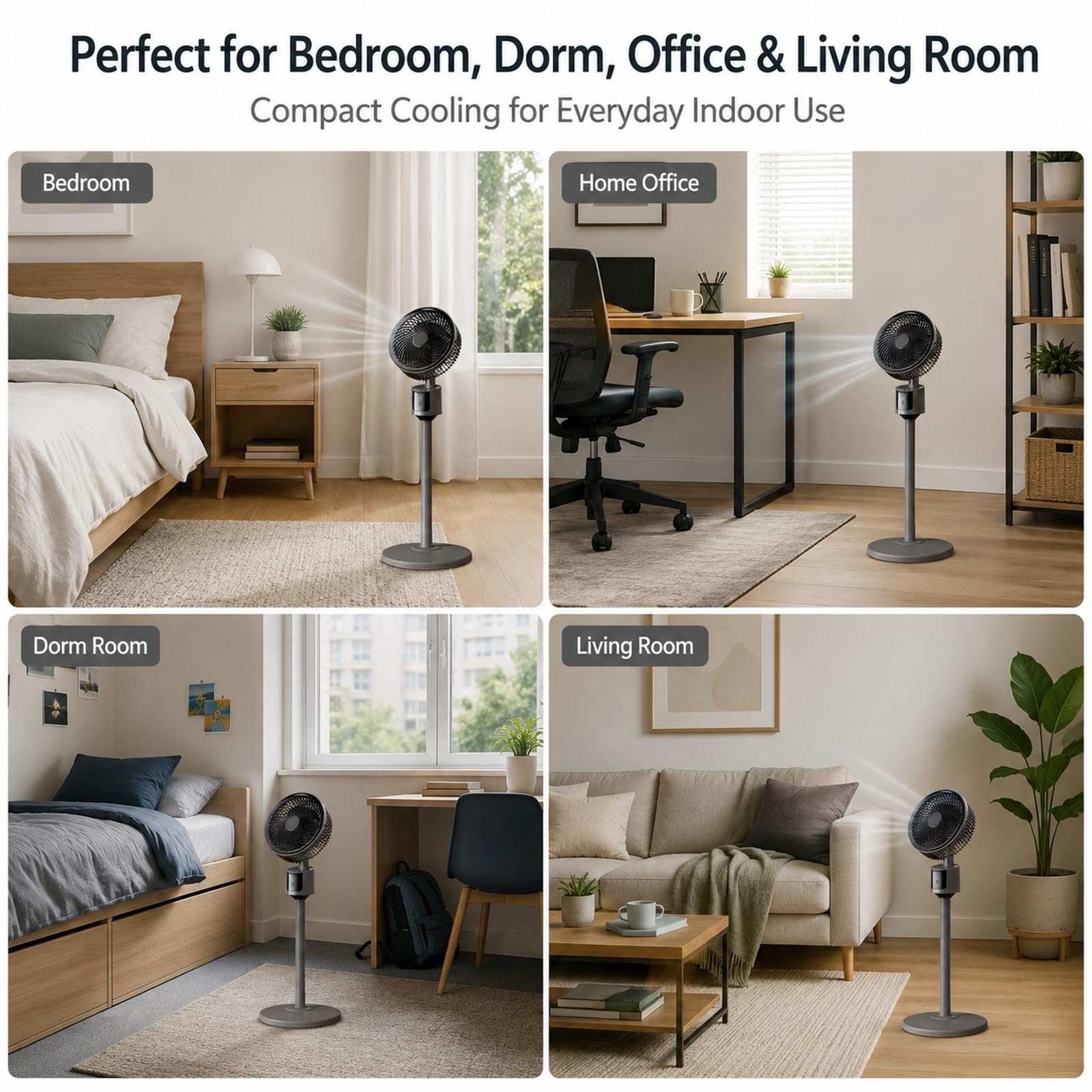 Ventilatore da terra da 30 dB per camera da letto, ventilatore USB da pavimento, 80 cm, 3 modalità, flusso d'aria 5 m, griglia protettiva e base a punta, per ufficio, dormitorio, camera da