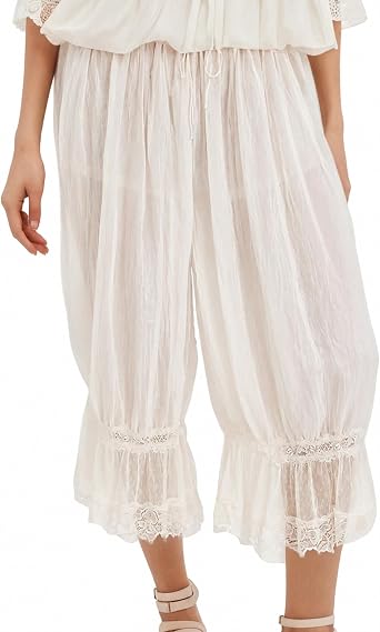 Women Lace Trim Long Bloomers Y2k Elastic Waist Lace Patchwork Pettipants Pantaloons Slip Cropped Pants