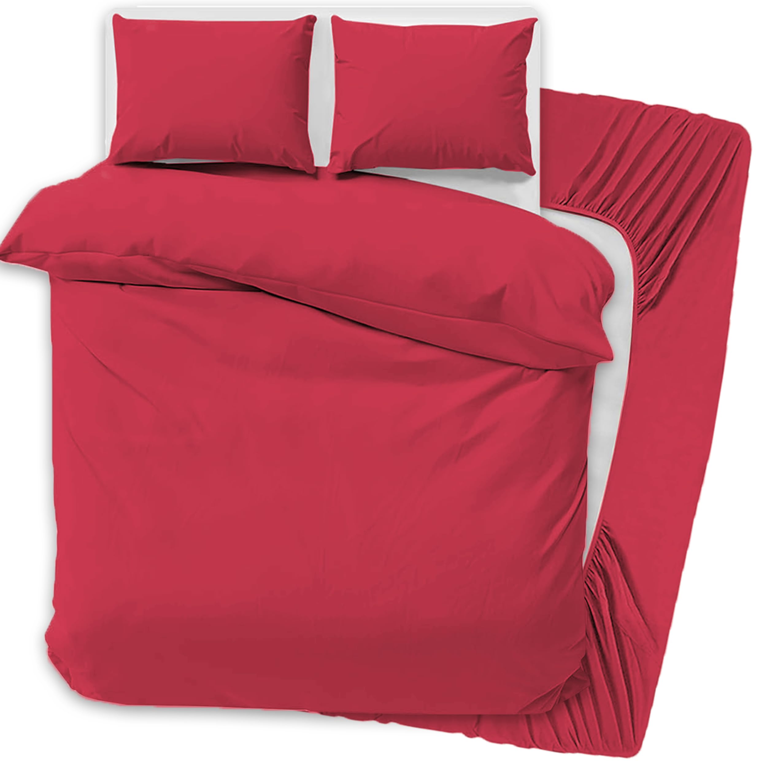 PRIME LINENS 4 Pcs Duvet Cover Set with Matching Fitted Sheet 30 cm Deep - Soft Breathable Premium Microfibre Quilt Cover Bedding Set (Burgundy, Double)