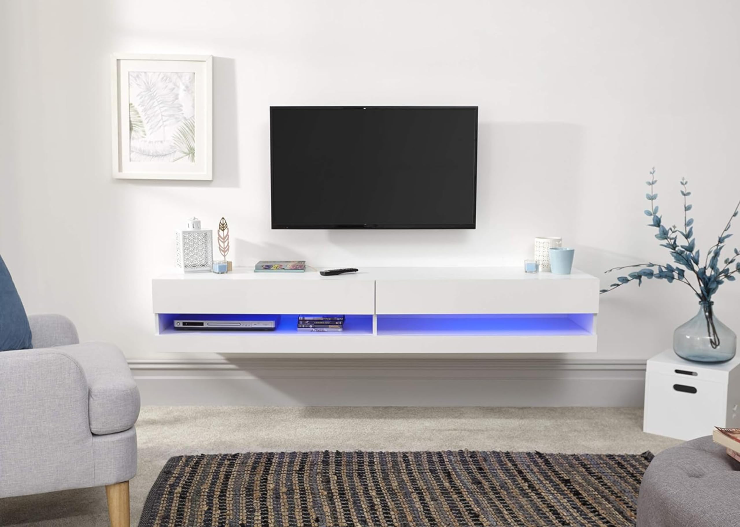 GFW Galicia Wall Mounted High Gloss Featuring A LED Downlight, This Floating TV Unit Console & Television Stand for Living Entertainment Room with Storage Shelves, Melamine, White, 180cm