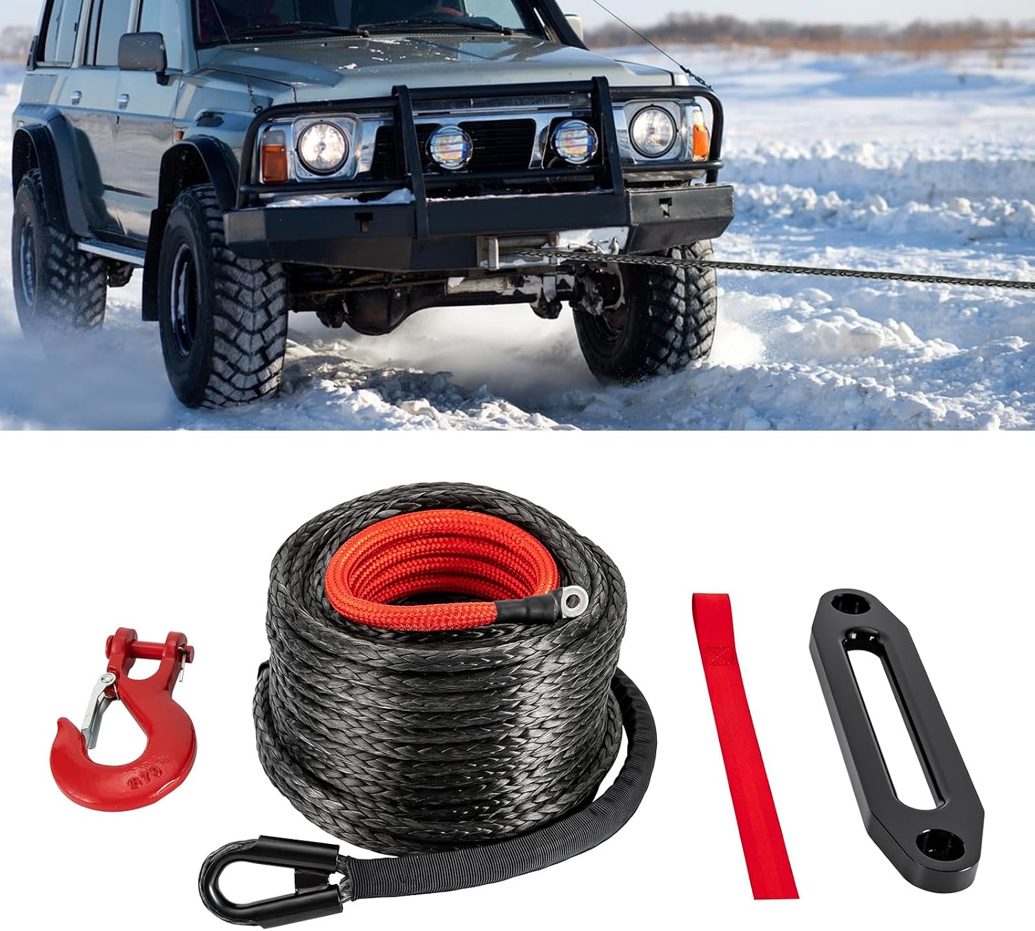 1/2" x 92 Ft Heavy-Duty Utility Winch Rope, 23,809 lbs Synthetic Tow Cable with Protective Sleeve & Hook, Abrasion-Resistant Recovery Line for Truck Towing, Farm Tractor, Garage, ATV SUV (Black)